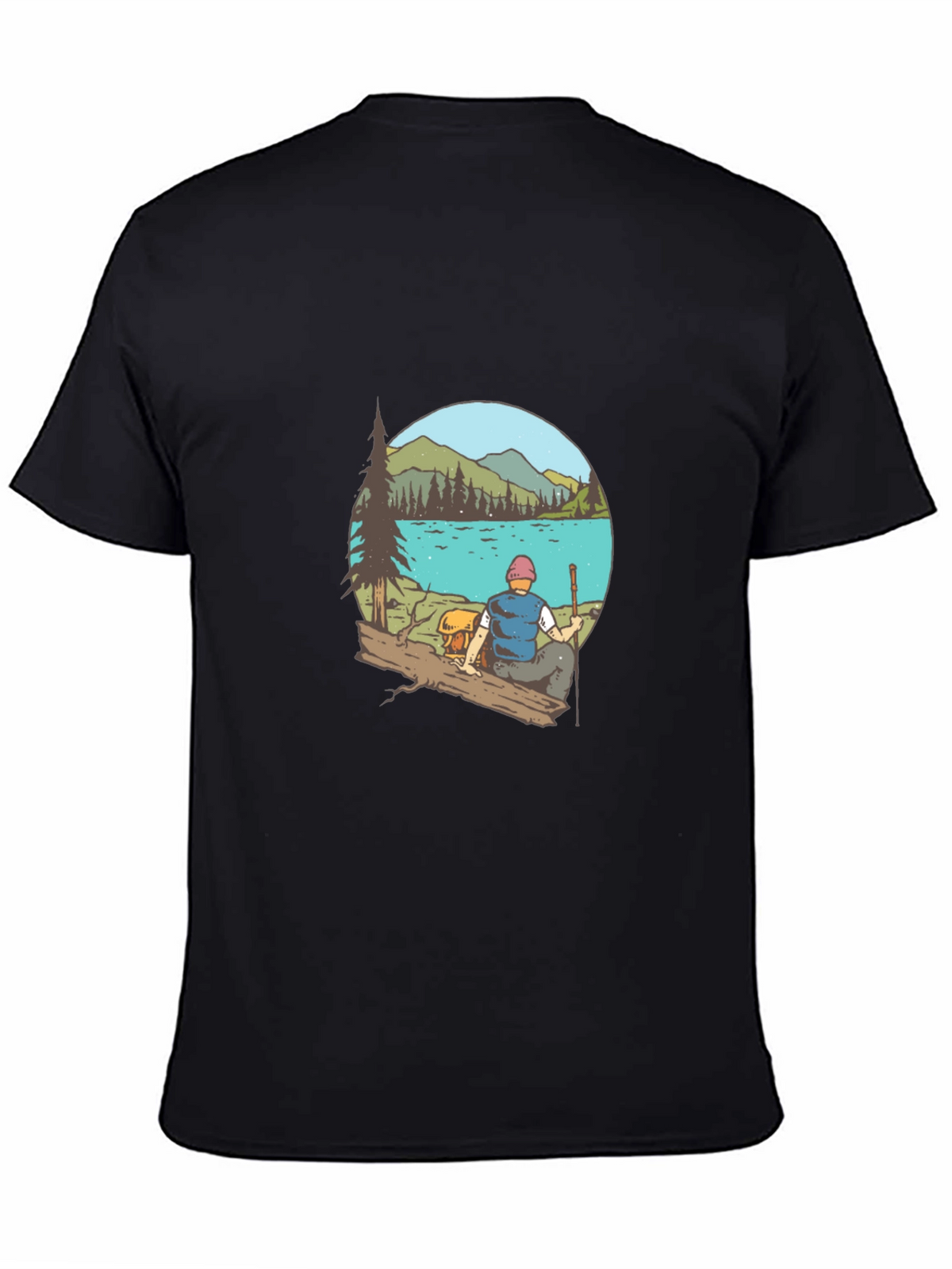 Mens Black T-Shirt with Lake Scene Print