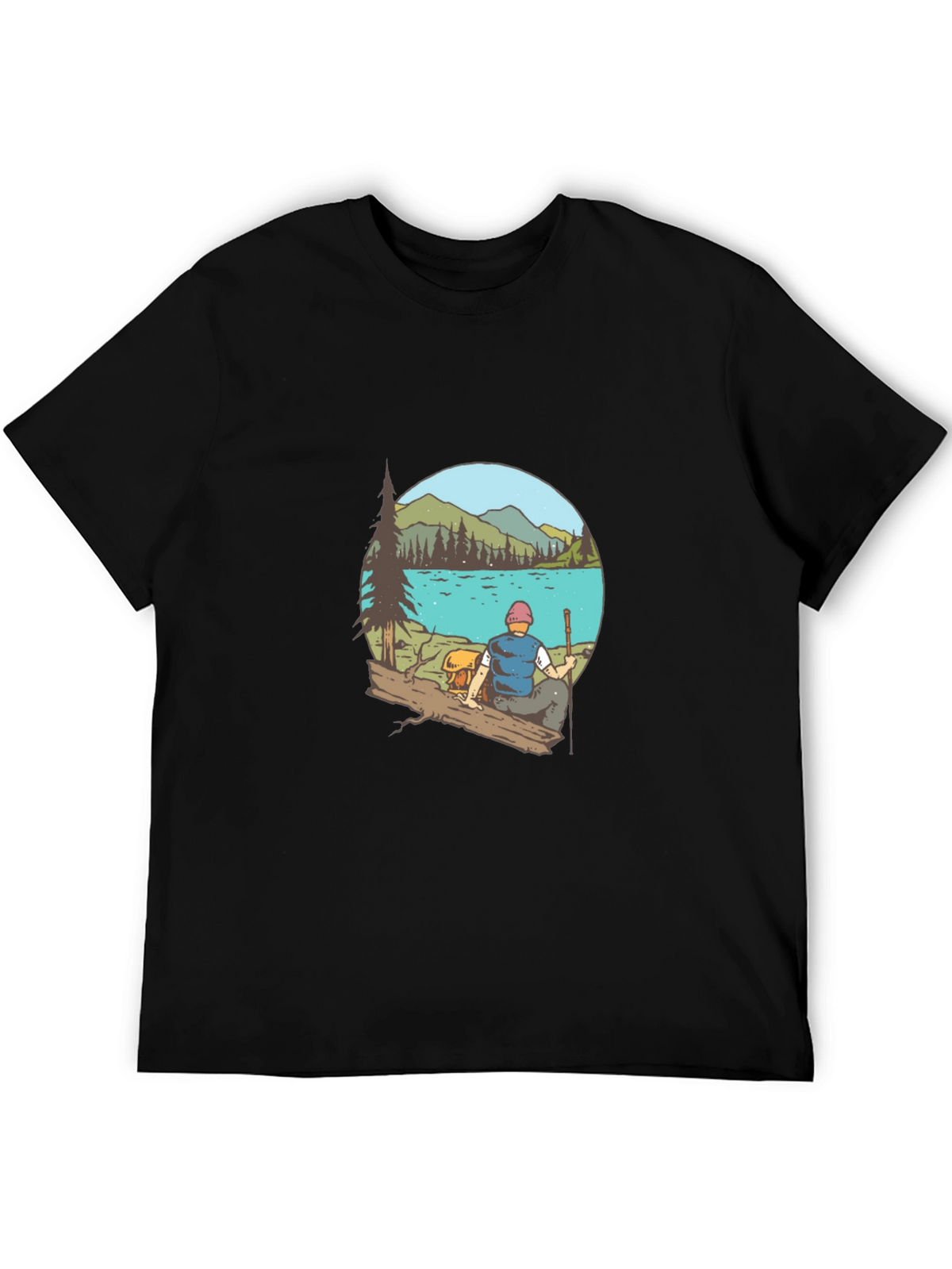 Mens Black T-Shirt with Lake Scene Print