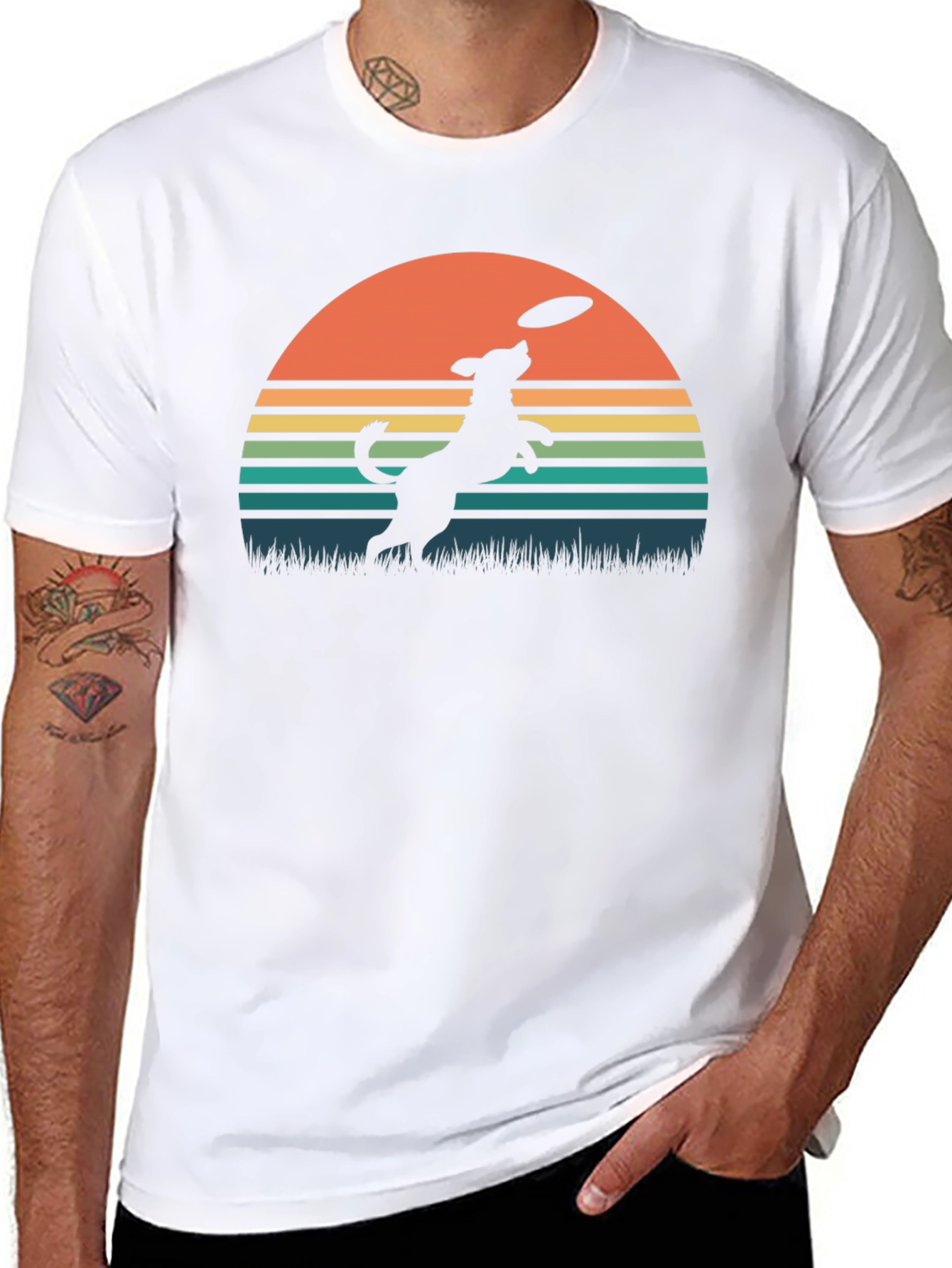 Dog Frisbee Sunset Graphic T-Shirt