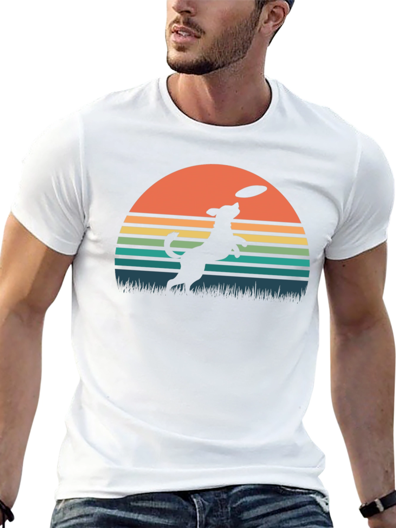 Dog Frisbee Sunset Graphic T-Shirt