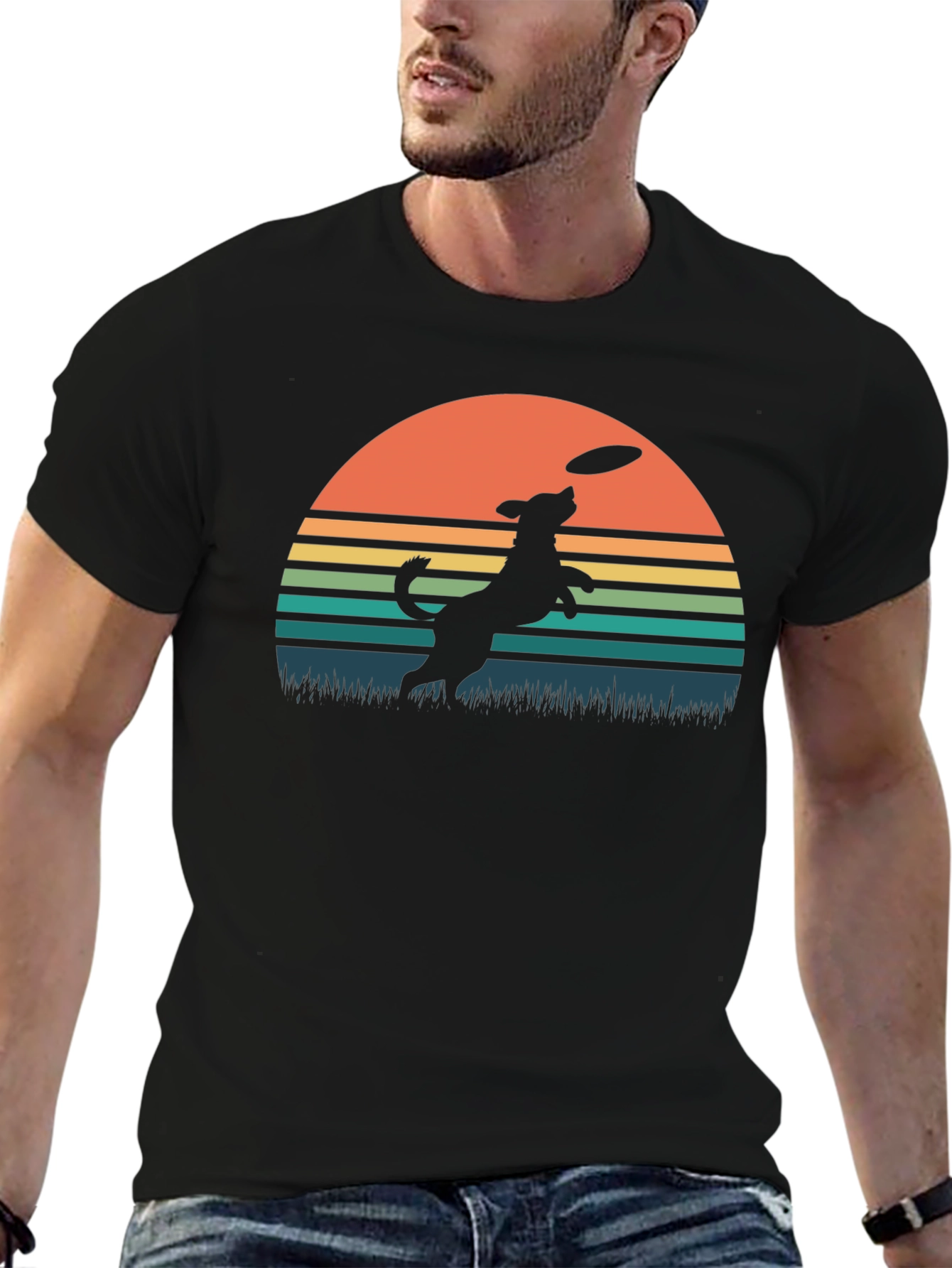 Dog Frisbee Sunset Graphic T-Shirt