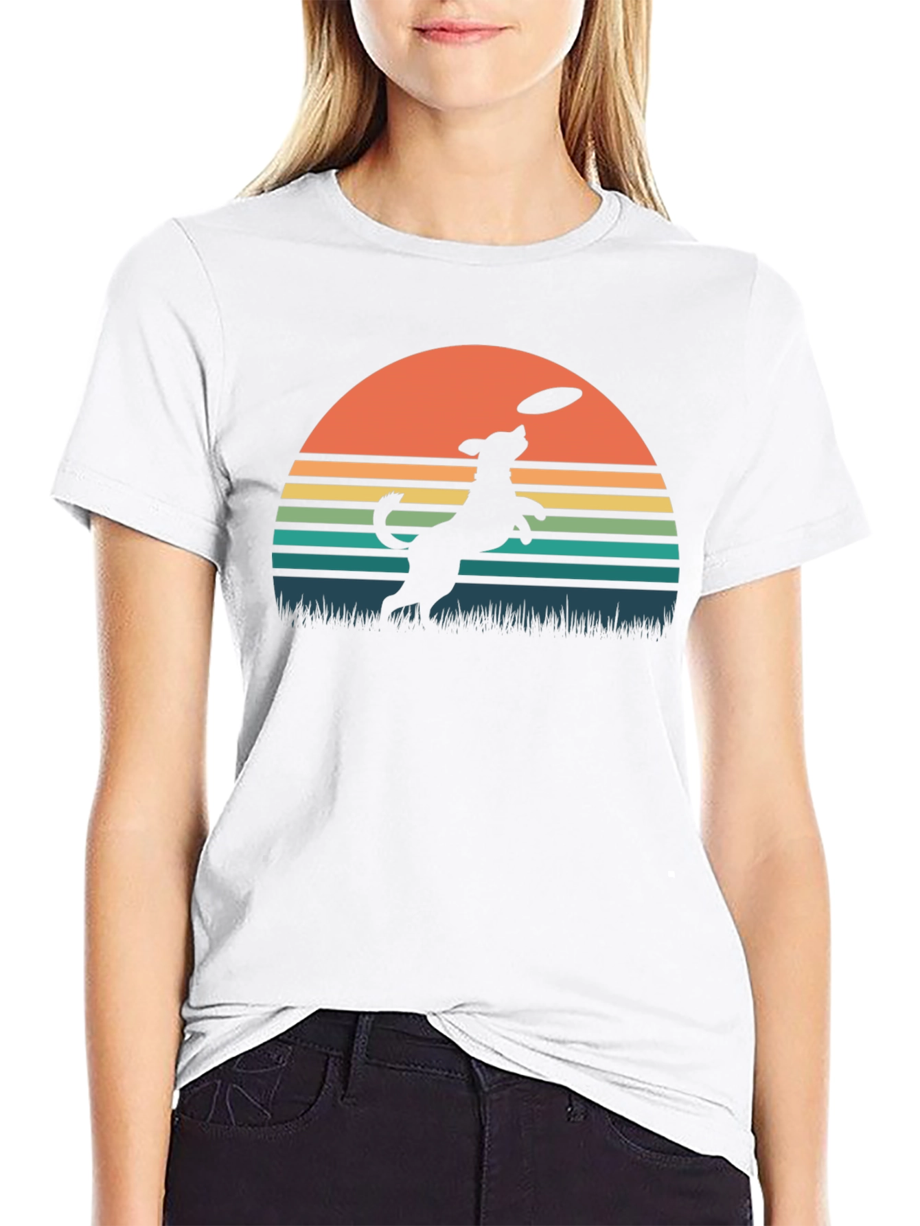 Dog Frisbee Sunset Graphic T-Shirt