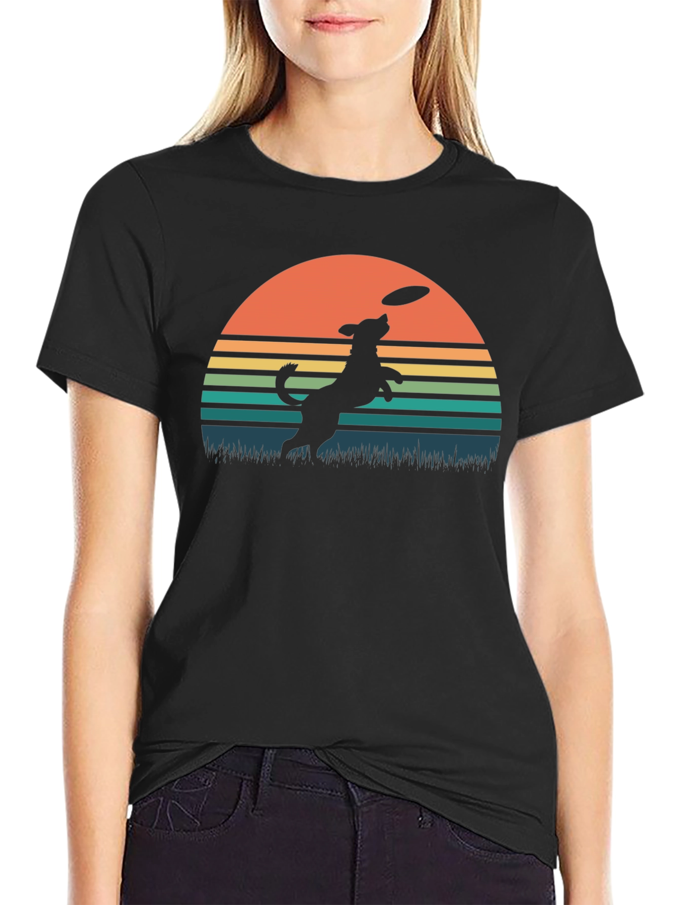 Dog Frisbee Sunset Graphic T-Shirt