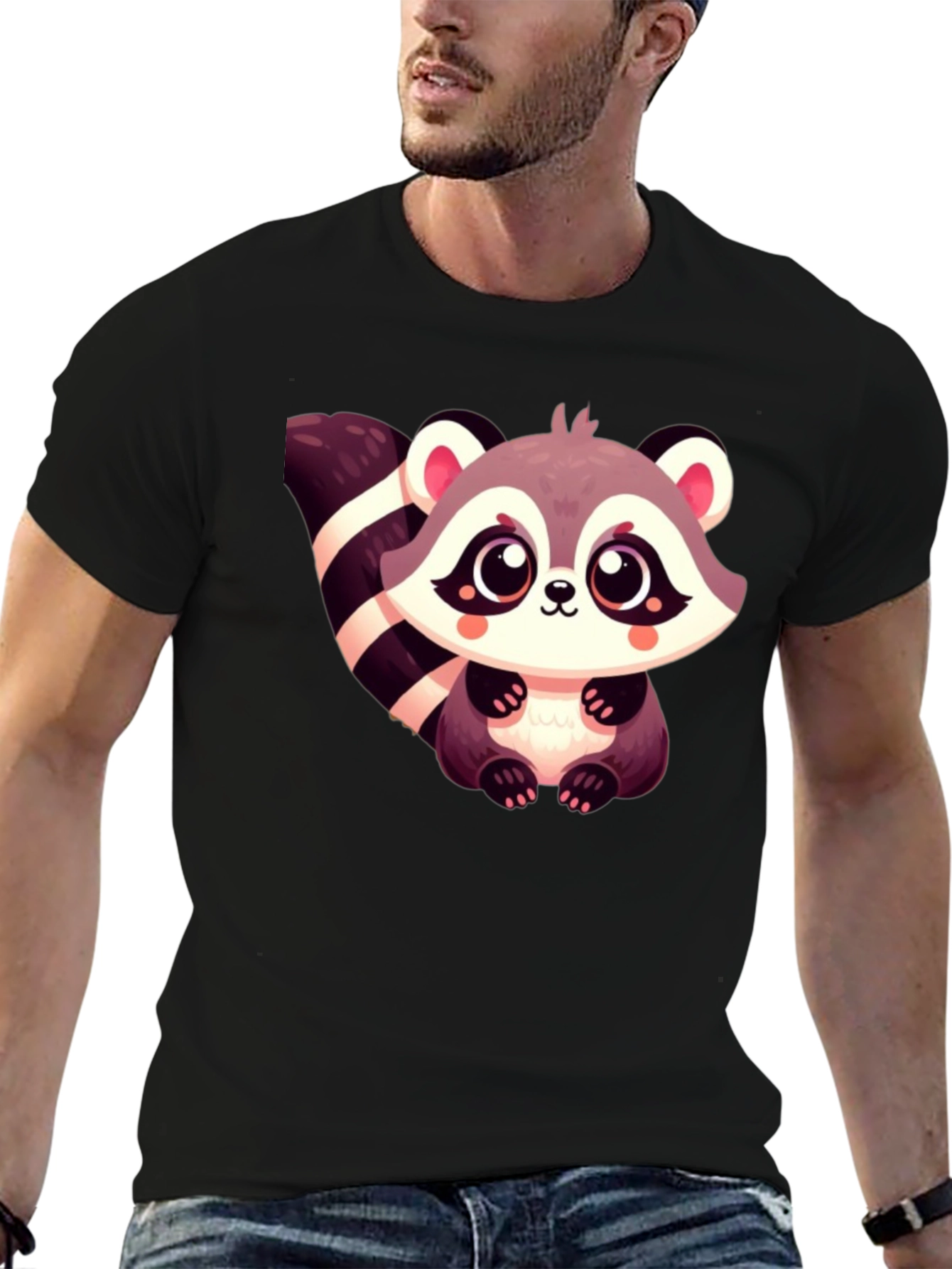 Cute Raccoon Graphic Tee - Black Cotton Casual Shirt