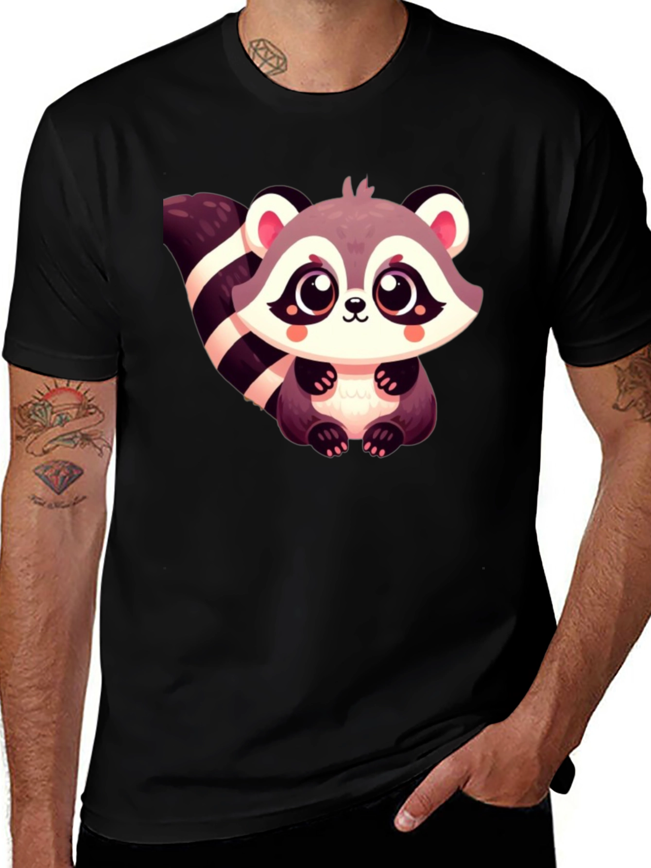 Cute Raccoon Graphic Tee - Black Cotton Casual Shirt