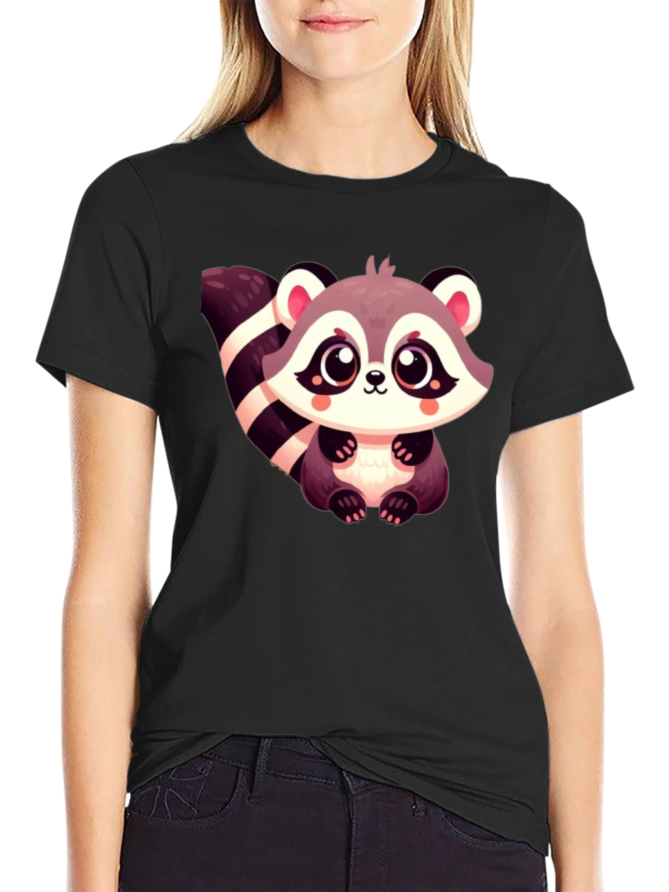 Cute Raccoon Graphic Tee - Black Cotton Casual Shirt