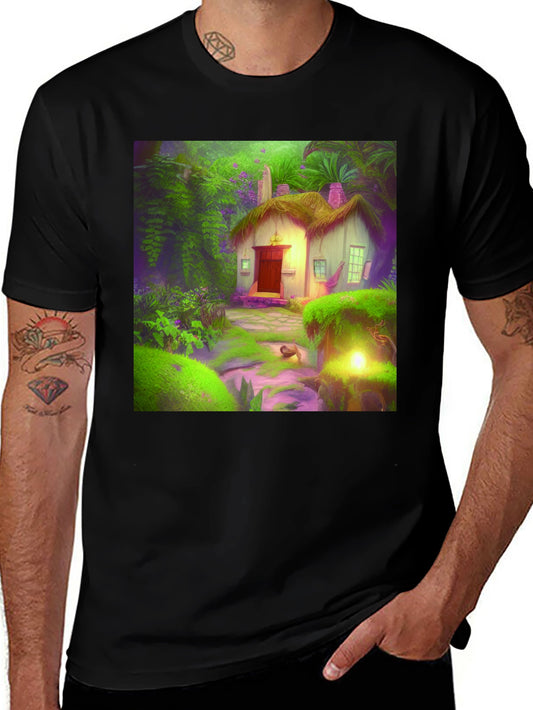 Enchanted Cottage Graphic Tee - Whimsical Black T-Shirt