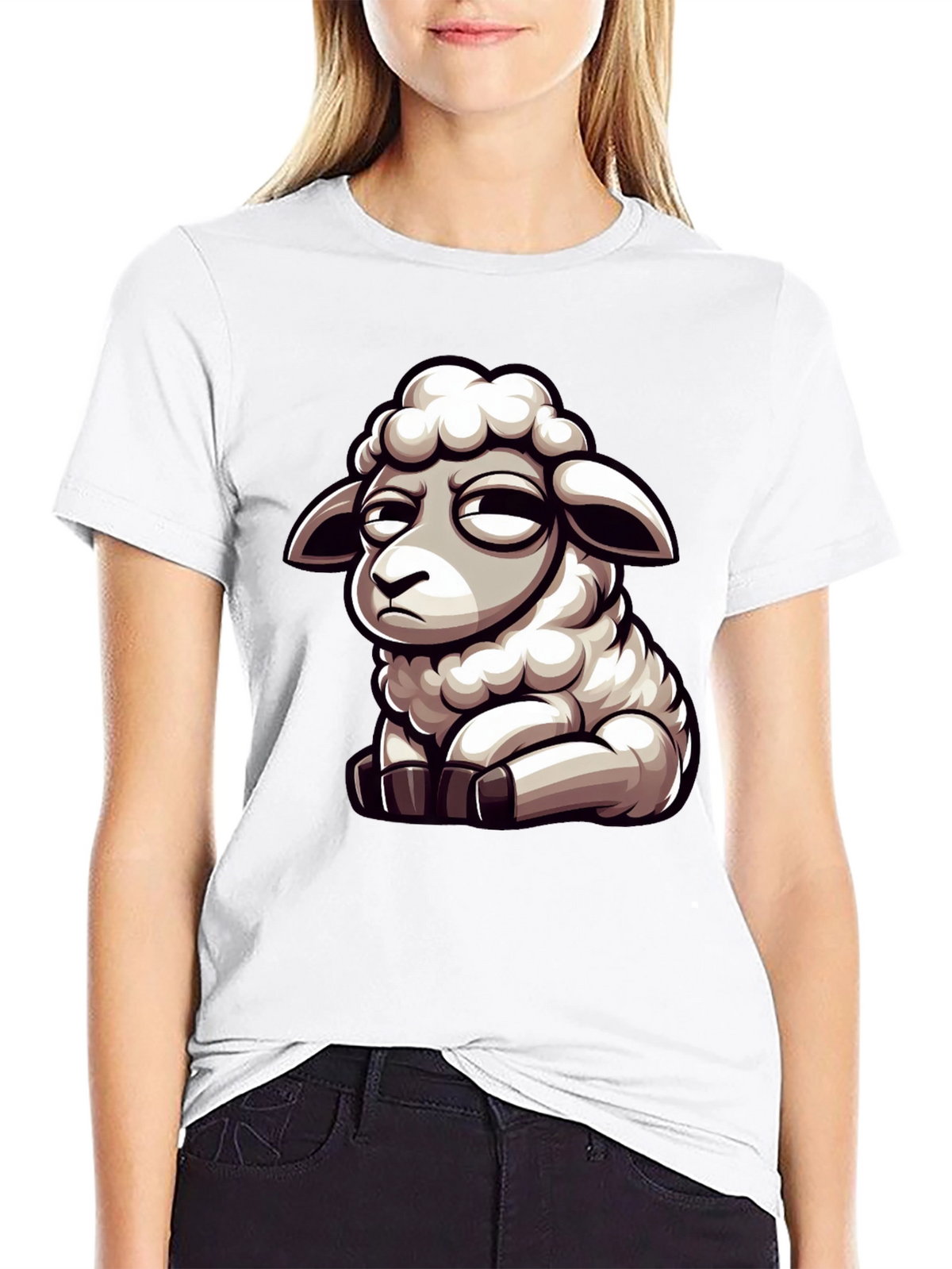 Funny Grumpy Sheep Cartoon Black T-Shirt