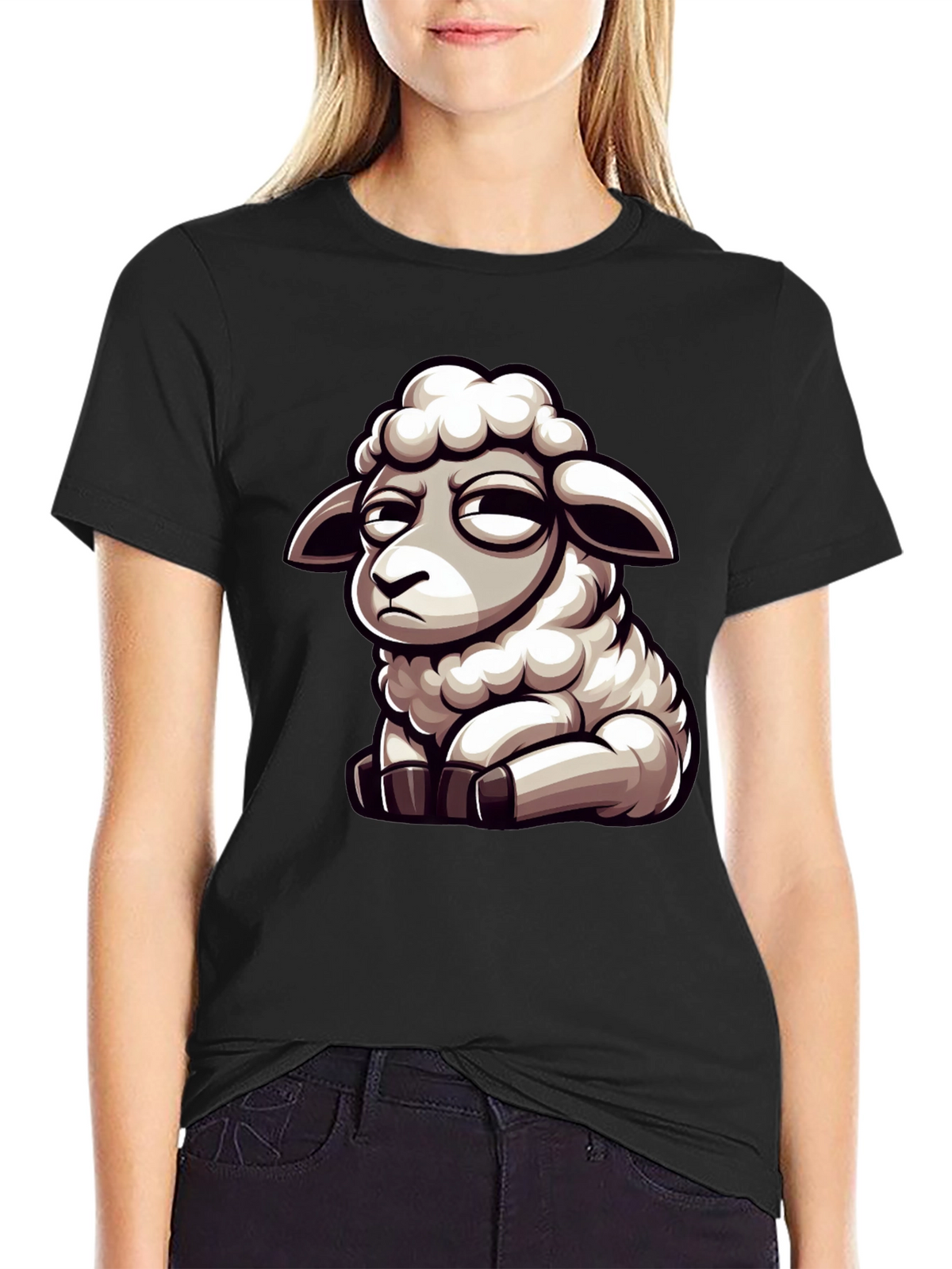 Funny Grumpy Sheep Cartoon Black T-Shirt