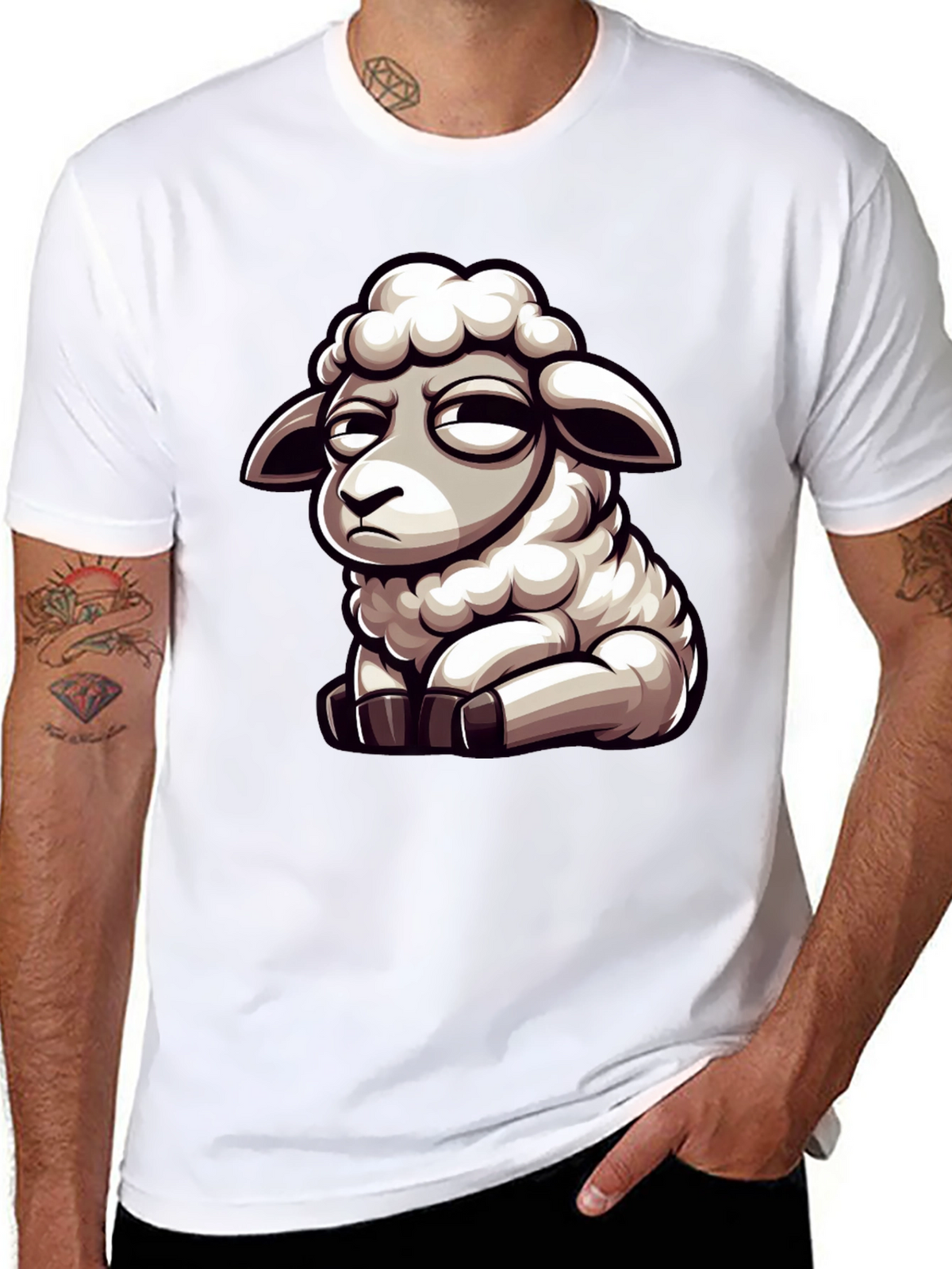 Funny Grumpy Sheep Cartoon Black T-Shirt