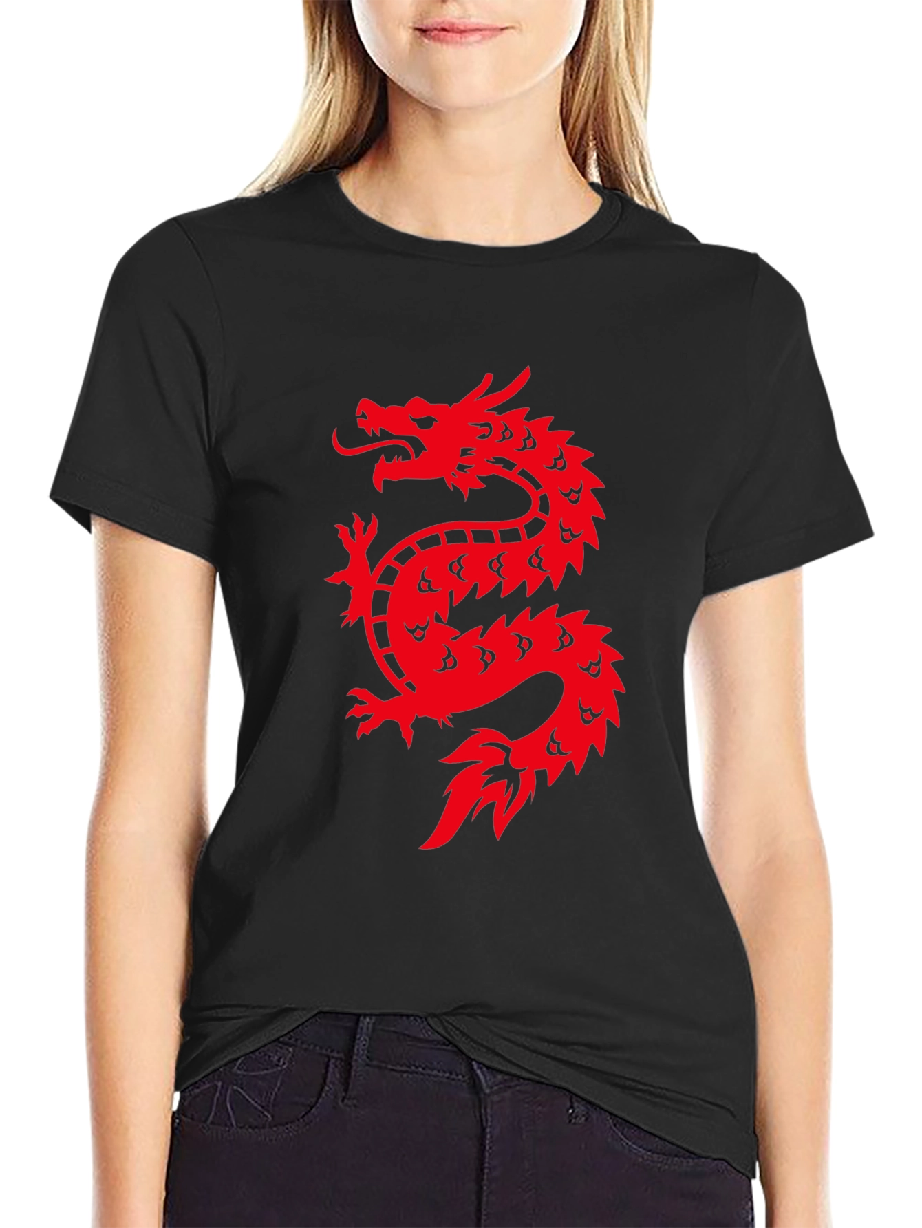 Red Dragon Graphic Print Black T-Shirt