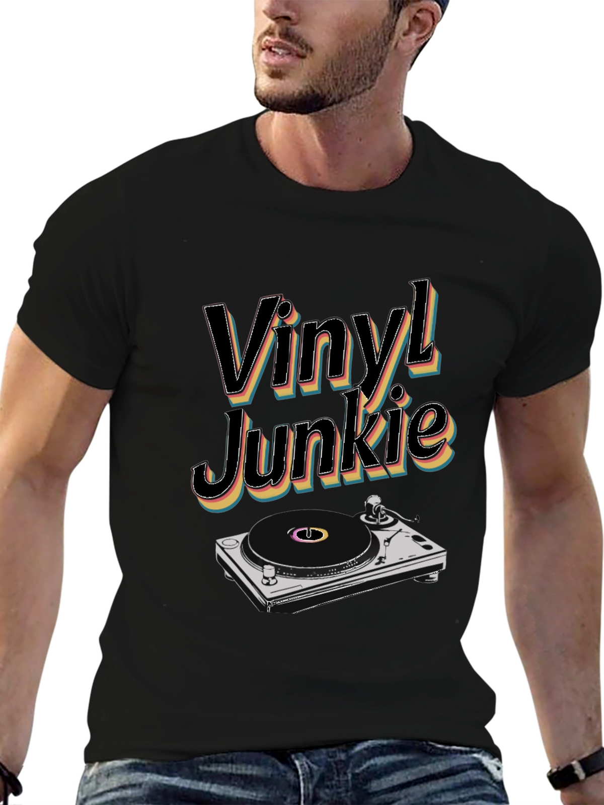 Vinyl Junkie Black T-Shirt Retro Music Lover Tee