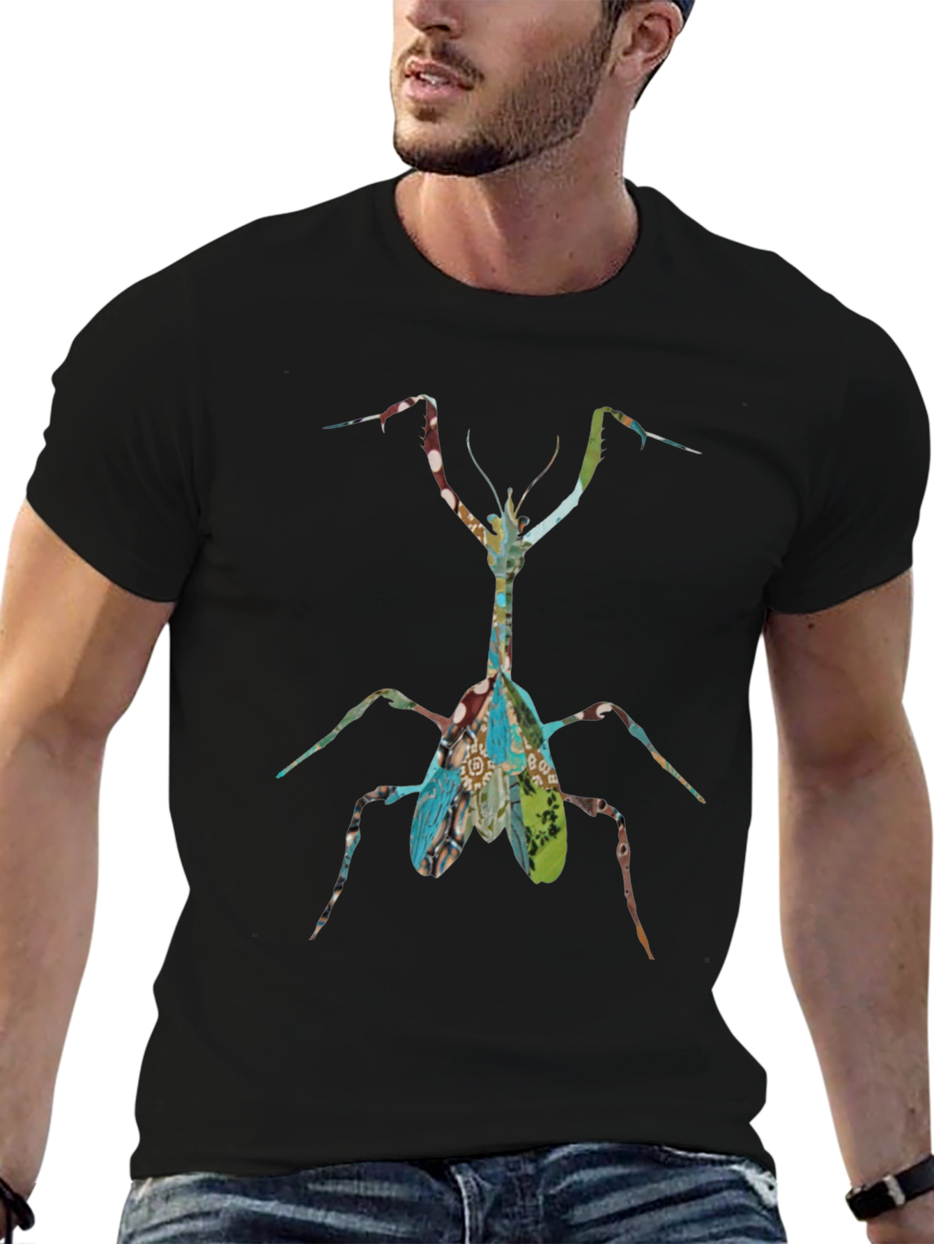 Praying Mantis Graphic Print Black T-Shirt