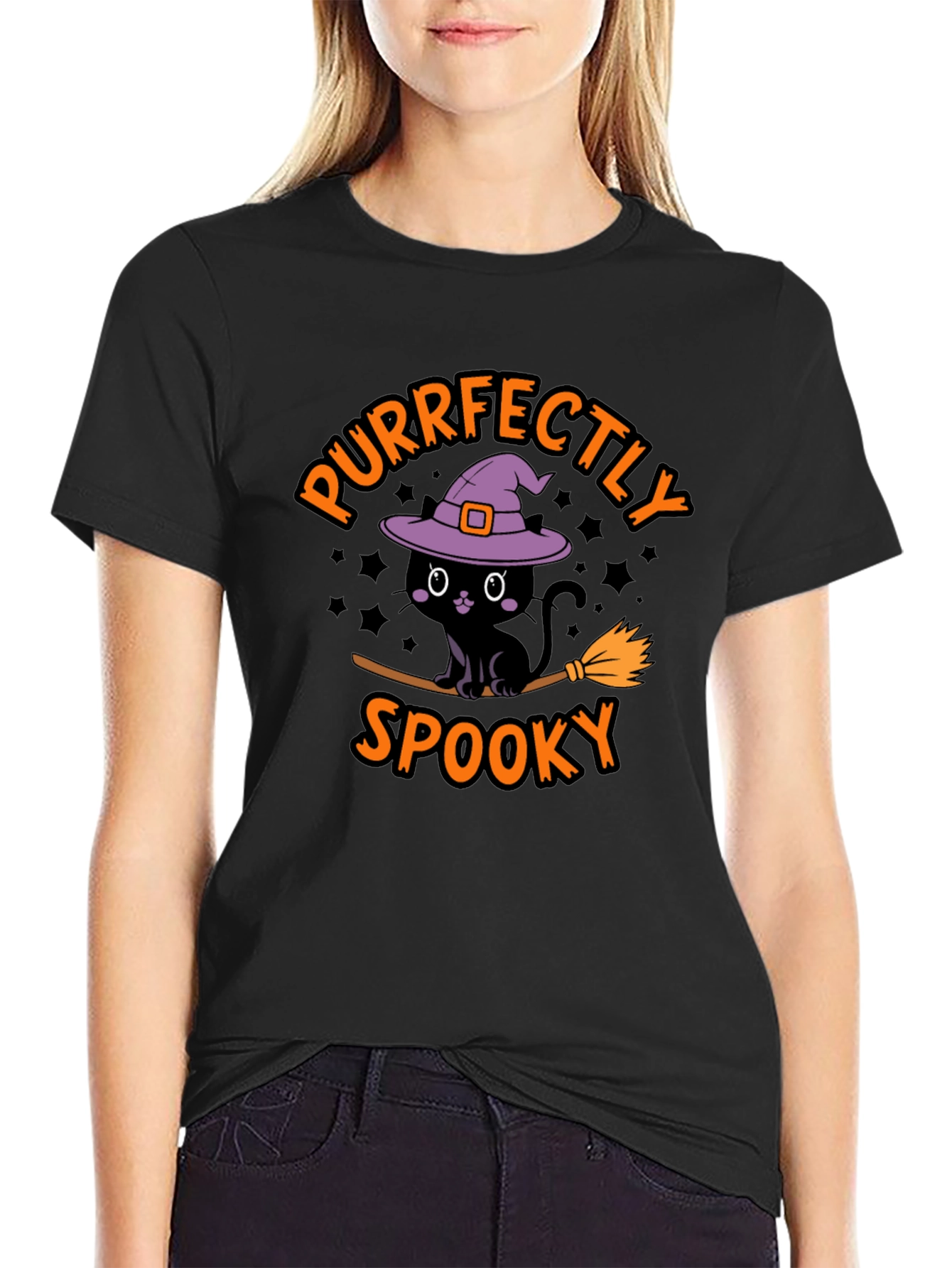 Purrfectly Spooky Halloween Black Cat T-Shirt