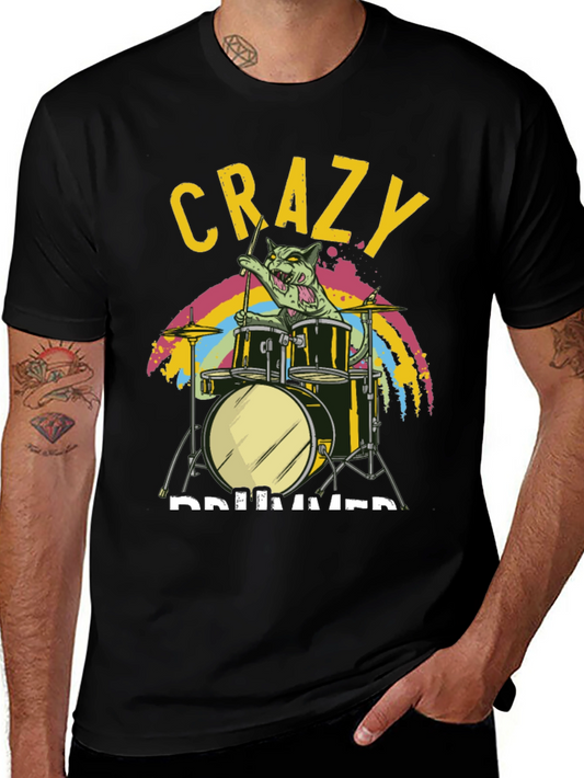 Crazy Drummer Cat T-Shirt - Black Graphic Tee
