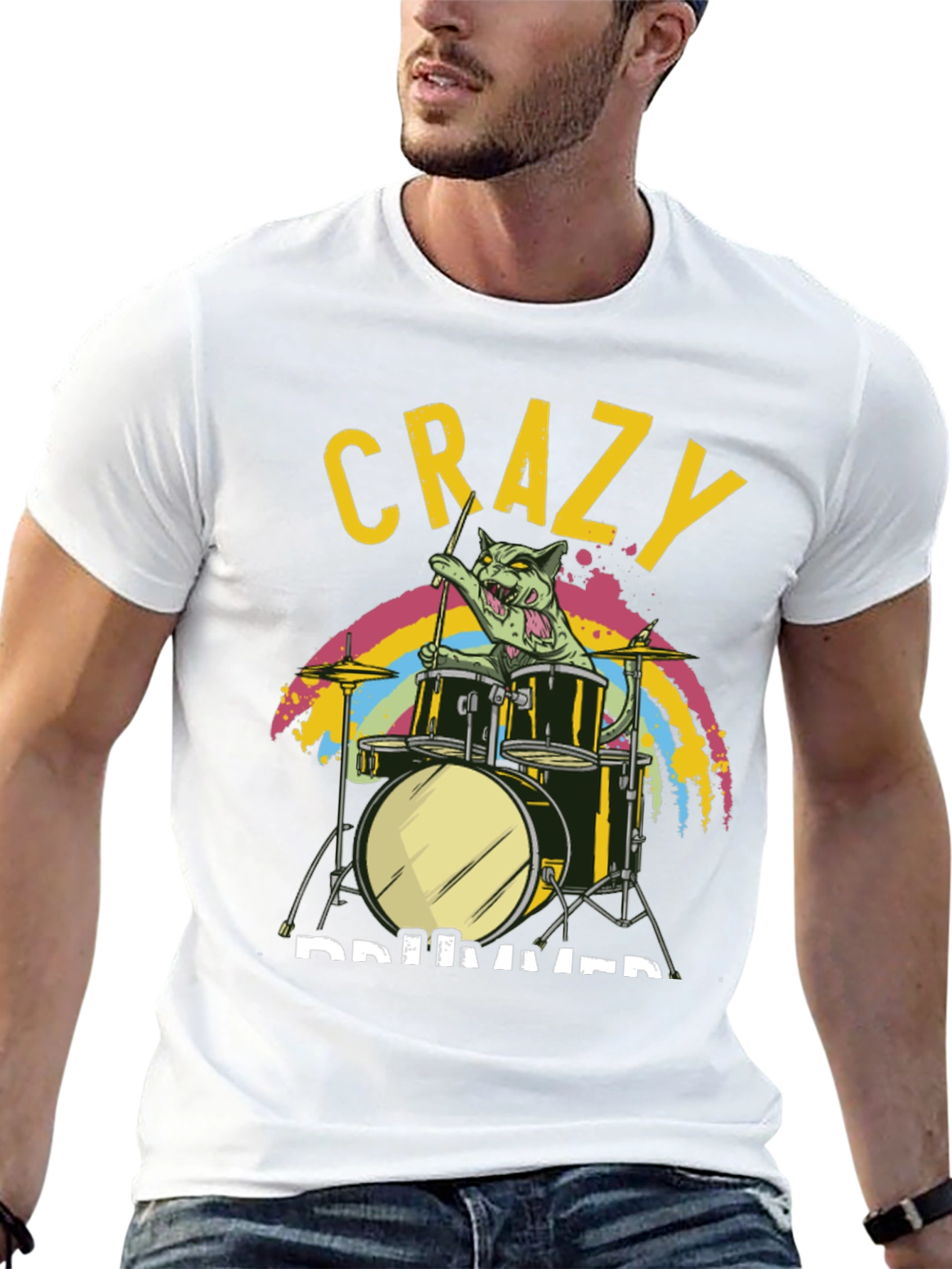 Crazy Drummer Cat T-Shirt - Black Graphic Tee