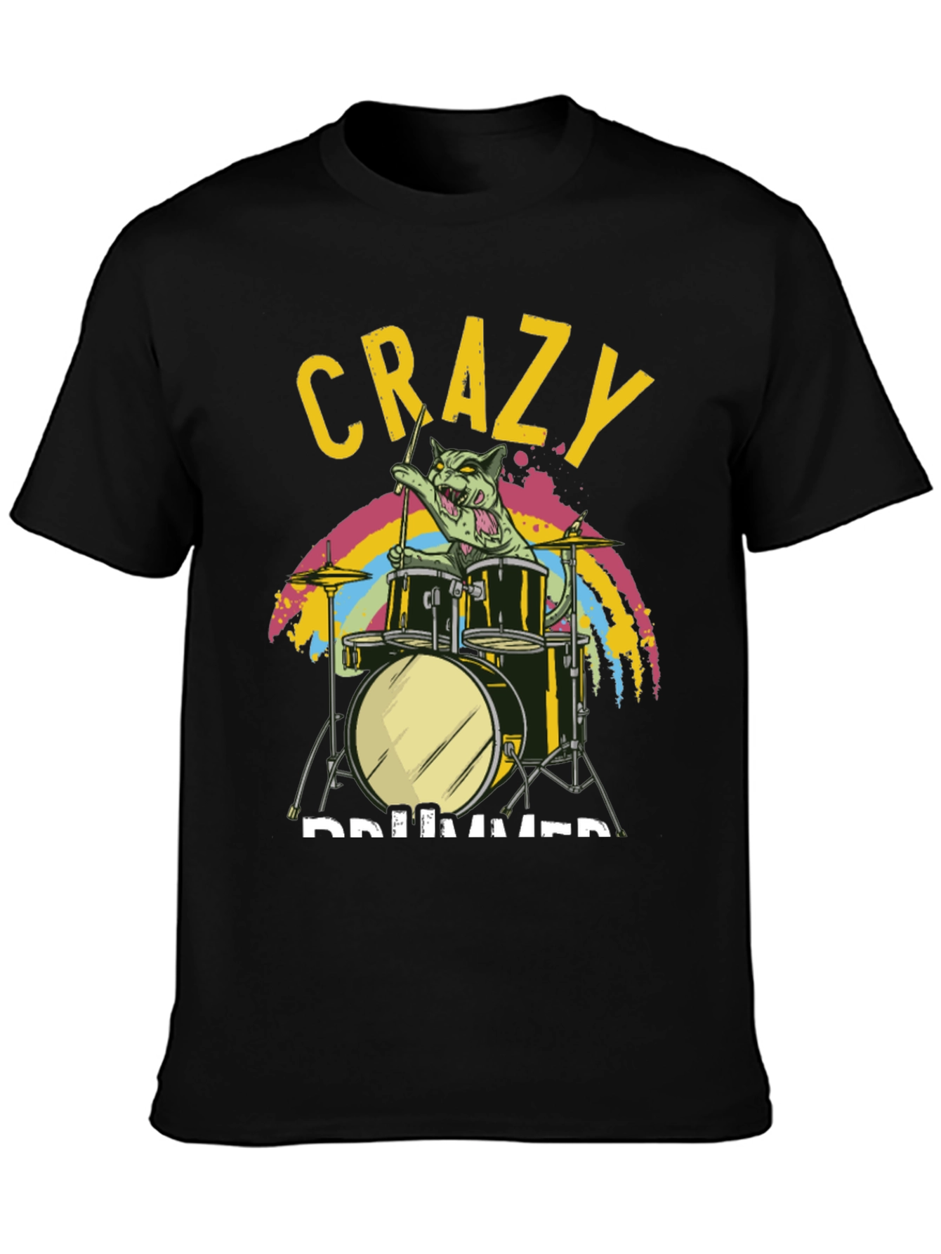Crazy Drummer Cat T-Shirt - Black Graphic Tee