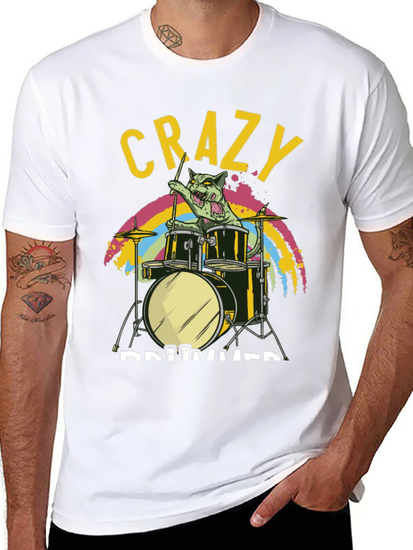 Crazy Drummer Cat T-Shirt - Black Graphic Tee