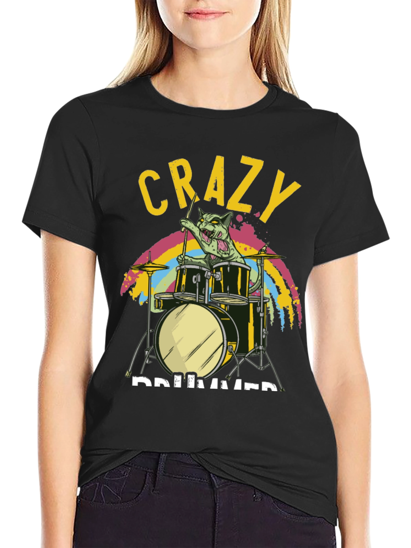 Crazy Drummer Cat T-Shirt - Black Graphic Tee