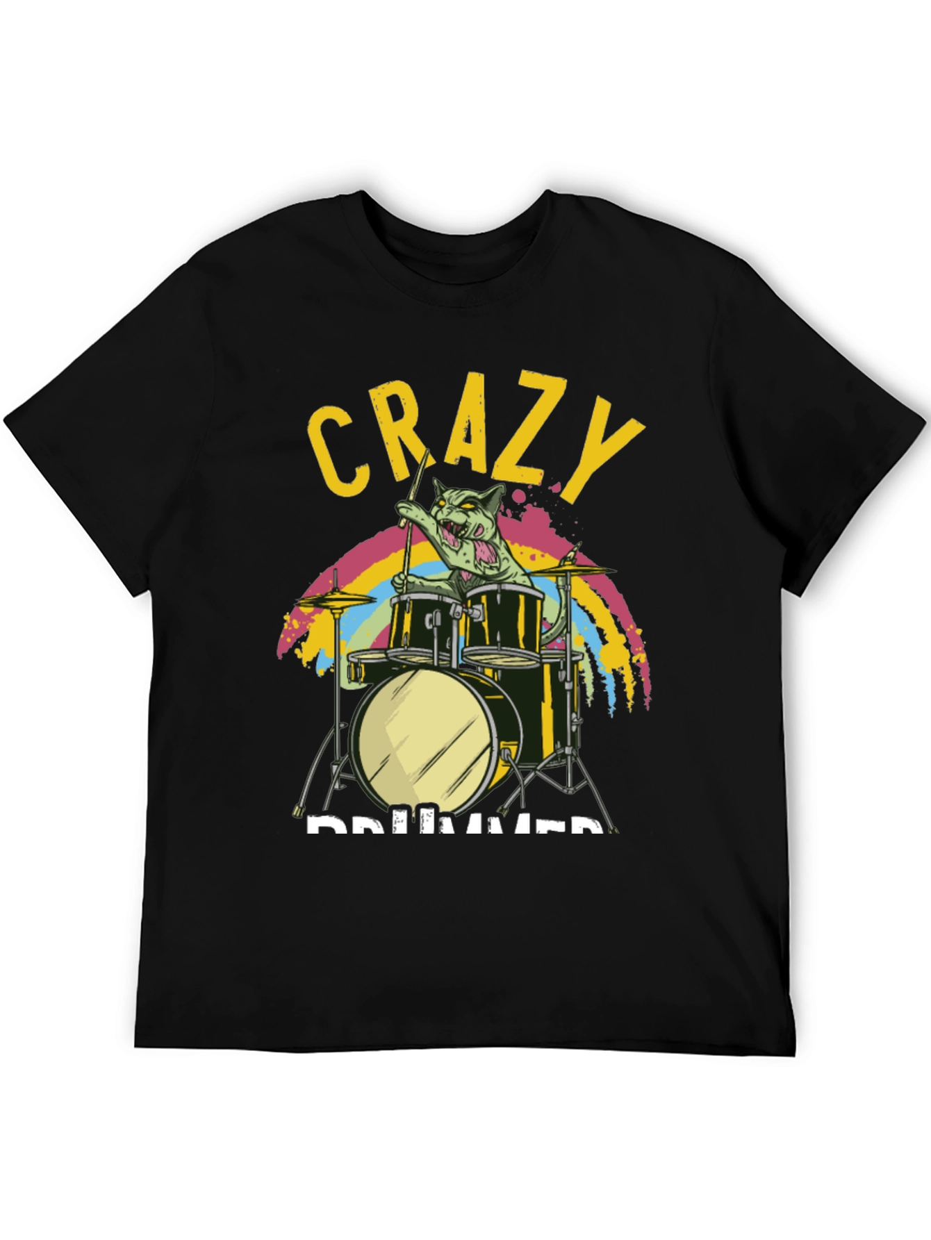 Crazy Drummer Cat T-Shirt - Black Graphic Tee