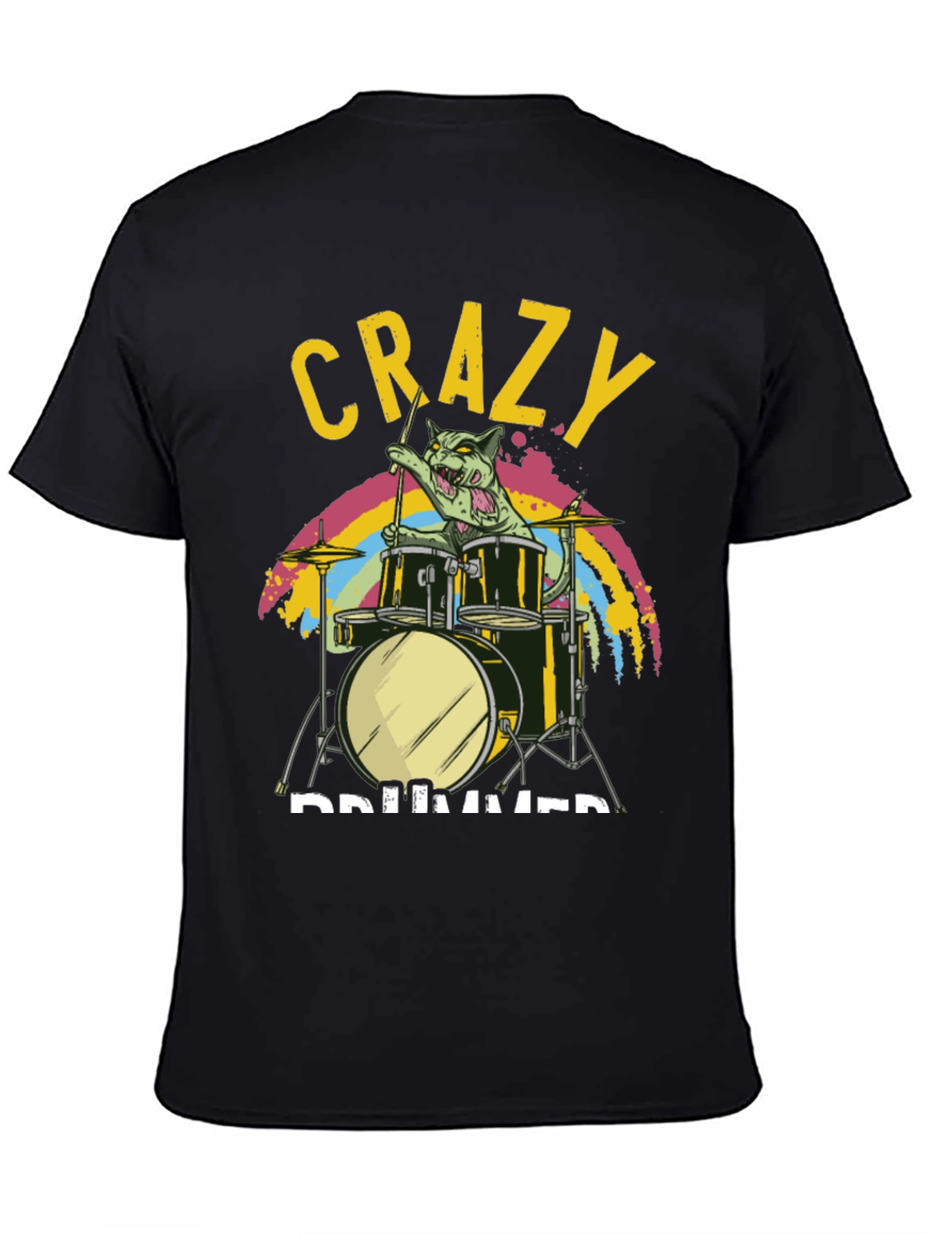 Crazy Drummer Cat T-Shirt - Black Graphic Tee
