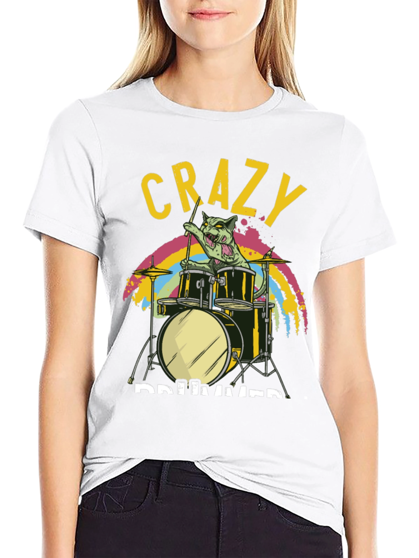 Crazy Drummer Cat T-Shirt - Black Graphic Tee