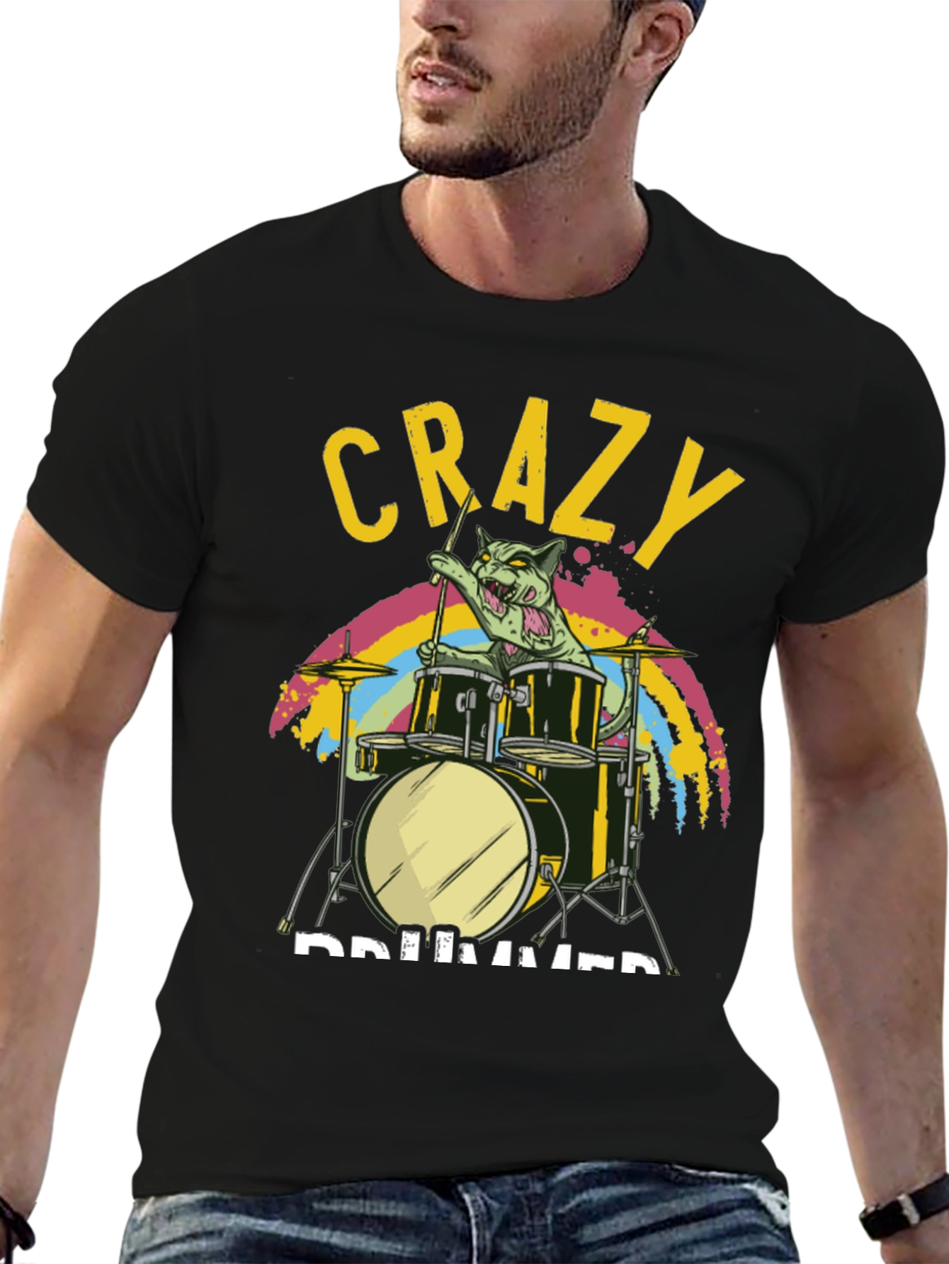 Crazy Drummer Cat T-Shirt - Black Graphic Tee