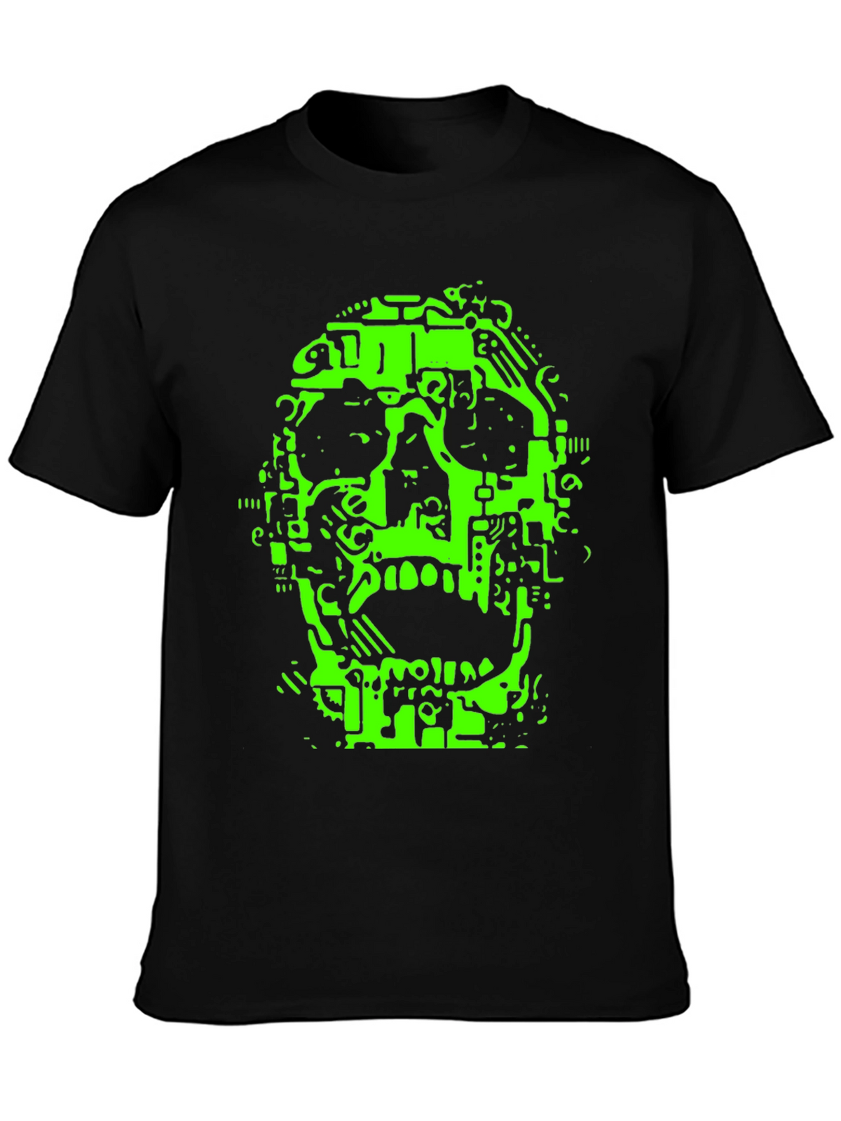 Neon Green Circuit Skull Graphic Tee - Black
