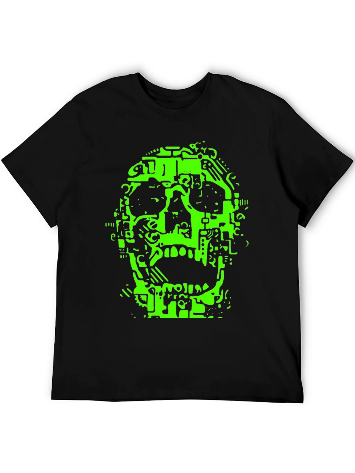 Neon Green Circuit Skull Graphic Tee - Black