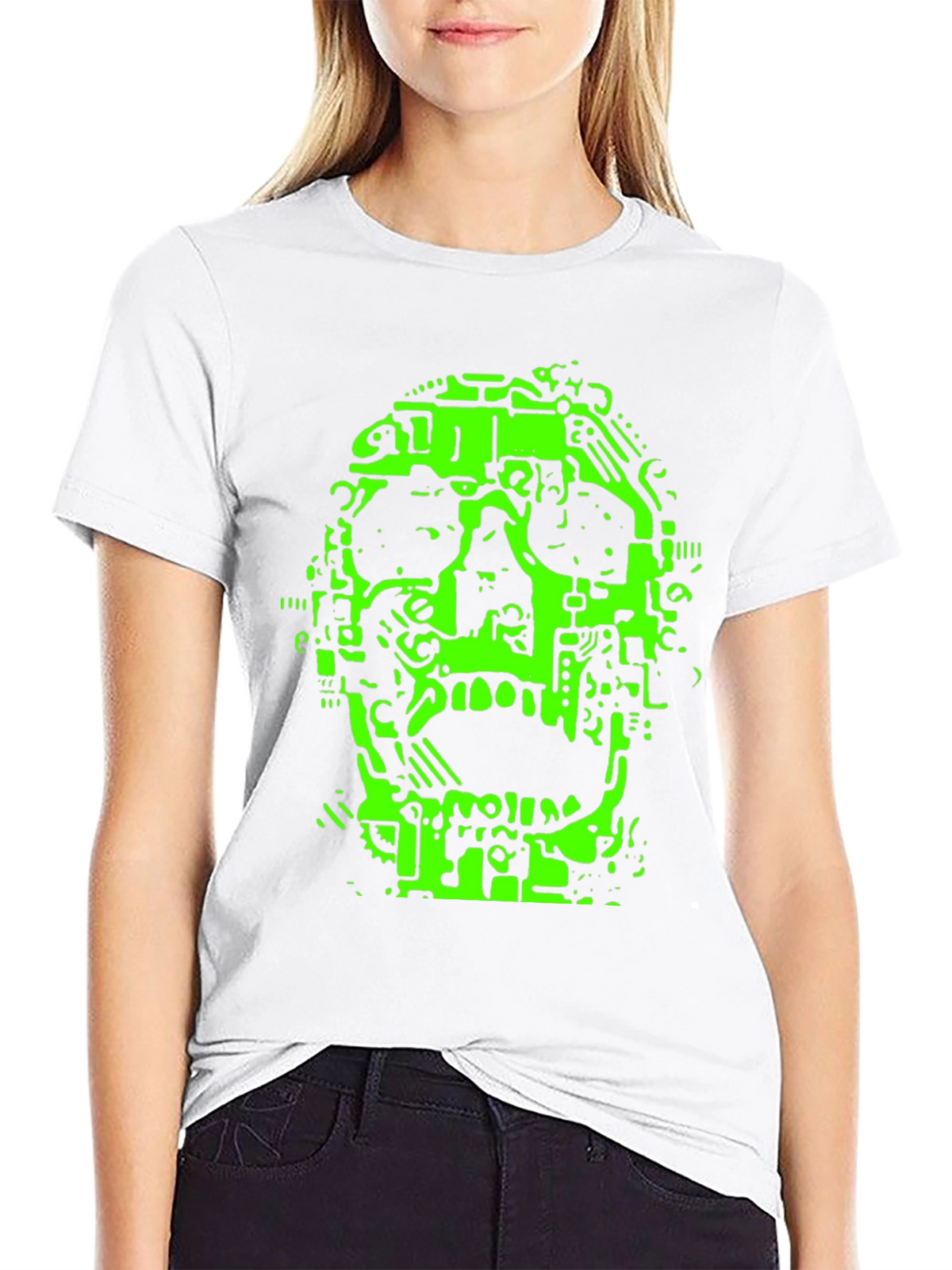 Neon Green Circuit Skull Graphic Tee - Black