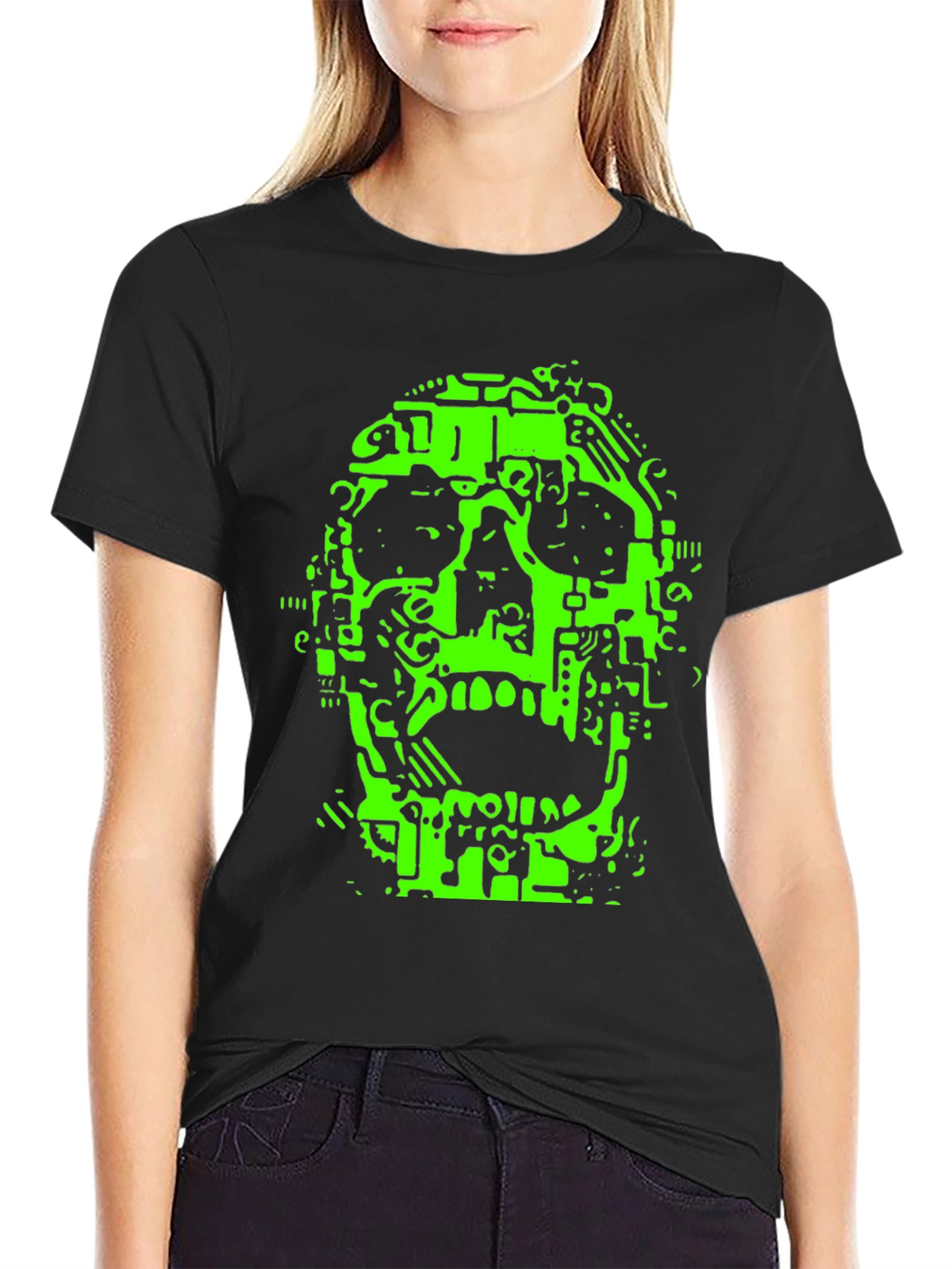 Neon Green Circuit Skull Graphic Tee - Black