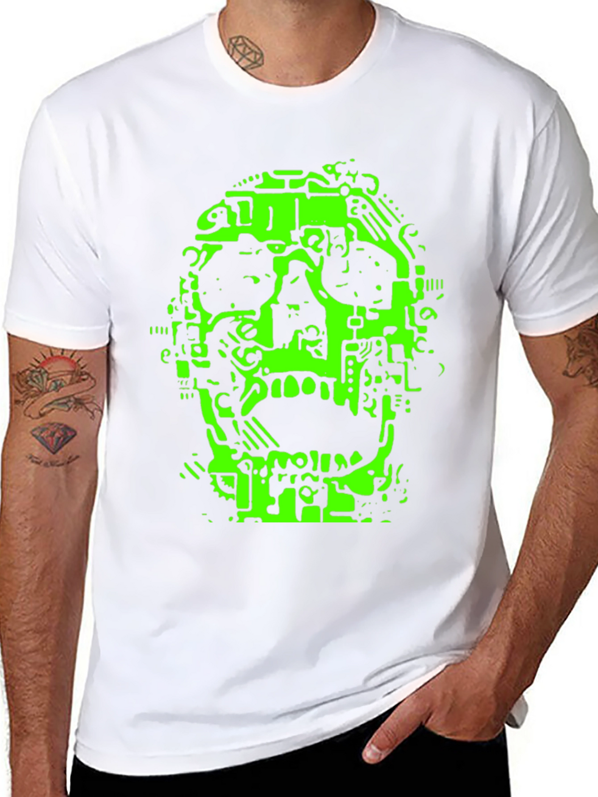 Neon Green Circuit Skull Graphic Tee - Black