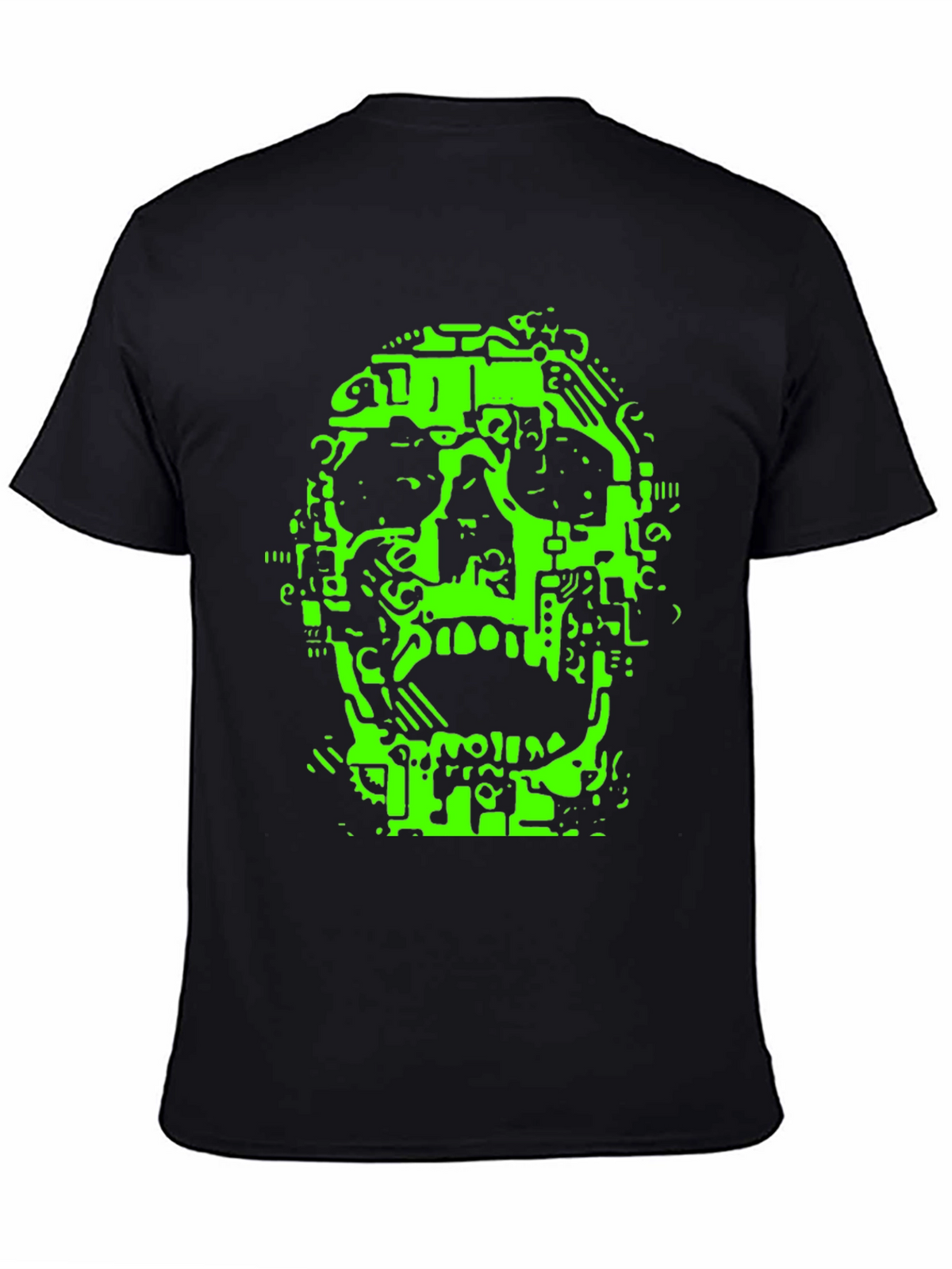 Neon Green Circuit Skull Graphic Tee - Black