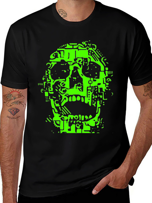 Neon Green Circuit Skull Graphic Tee - Black