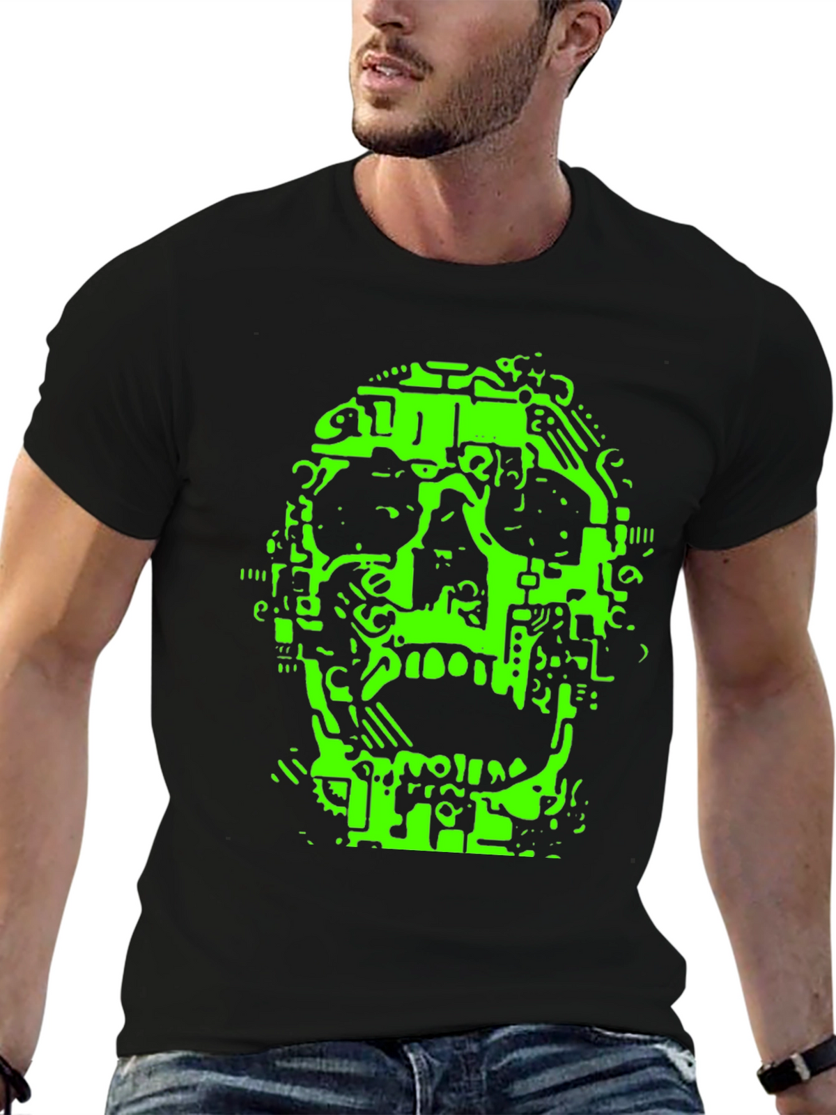 Neon Green Circuit Skull Graphic Tee - Black