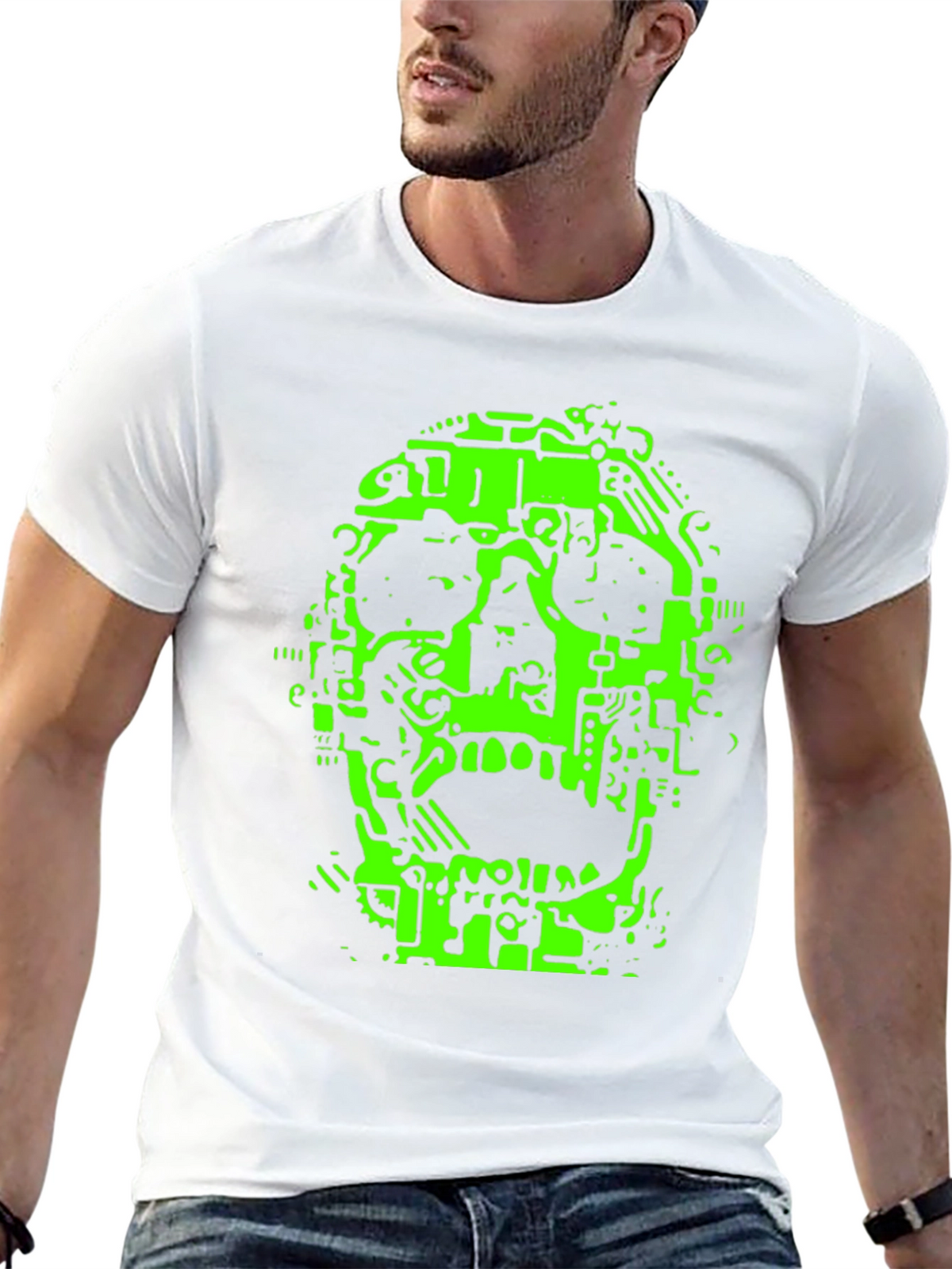Neon Green Circuit Skull Graphic Tee - Black