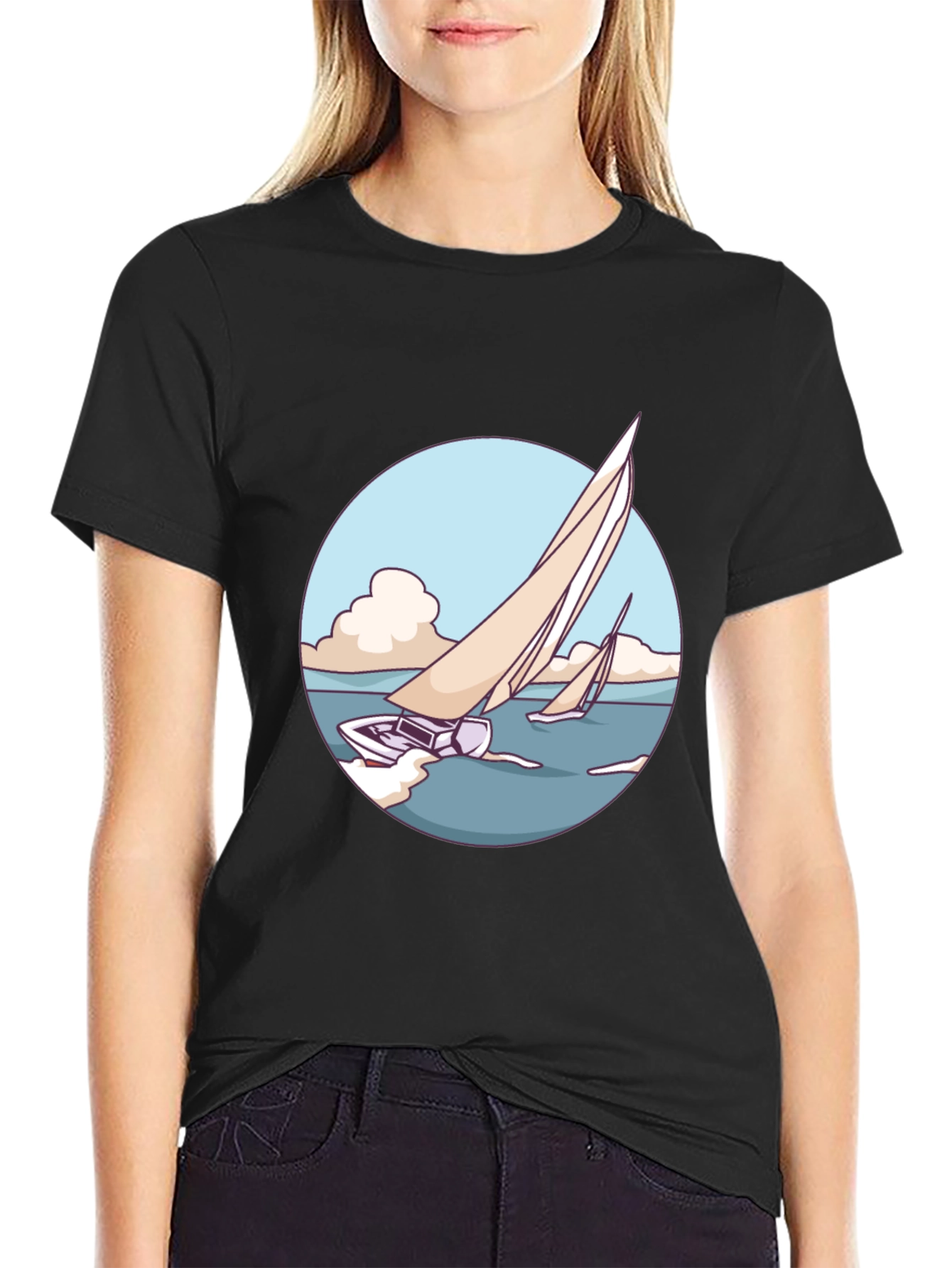 Sailboat Graphic Tee - Black Cotton Blend T-Shirt