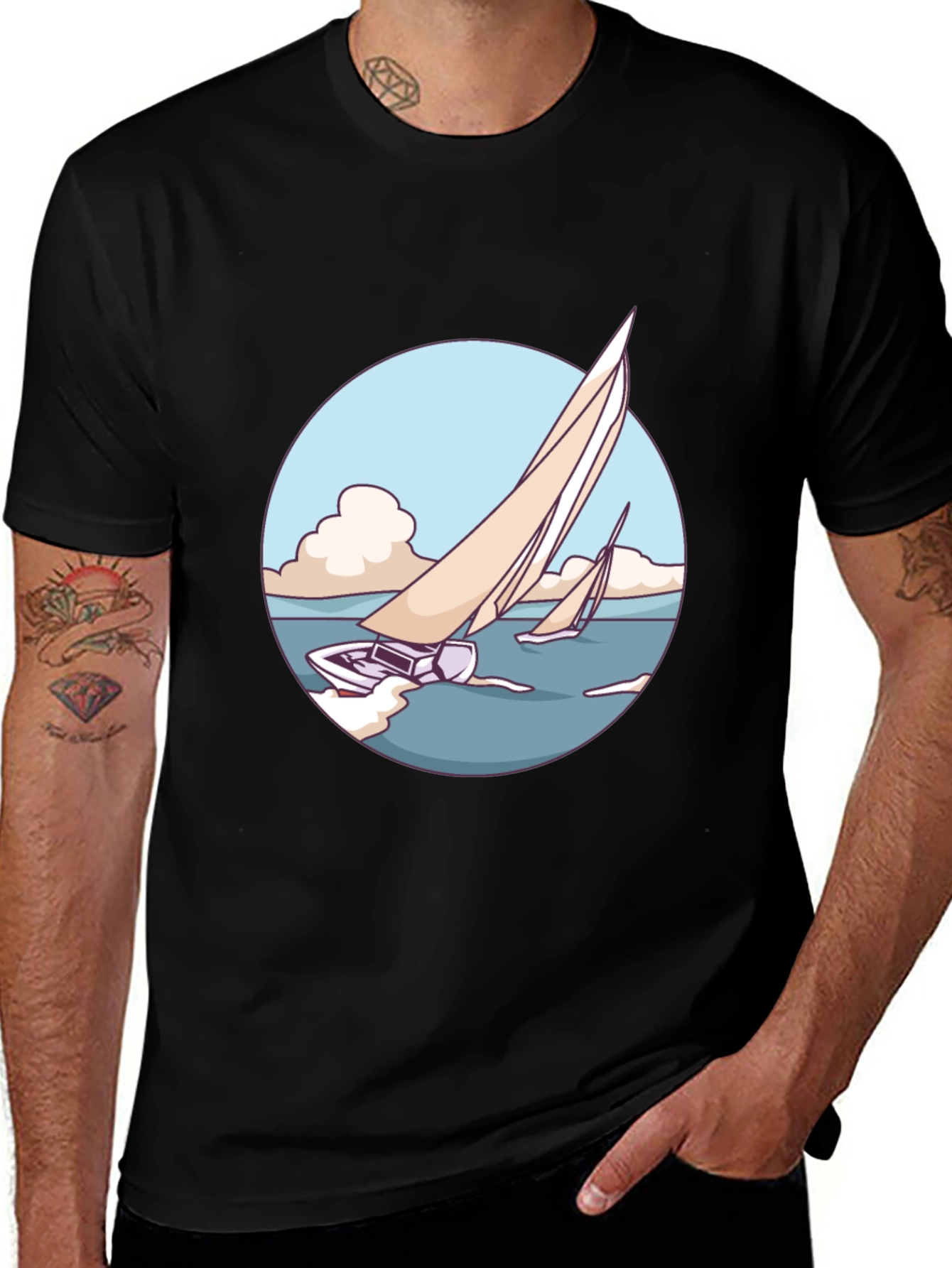 Sailboat Graphic Tee - Black Cotton Blend T-Shirt