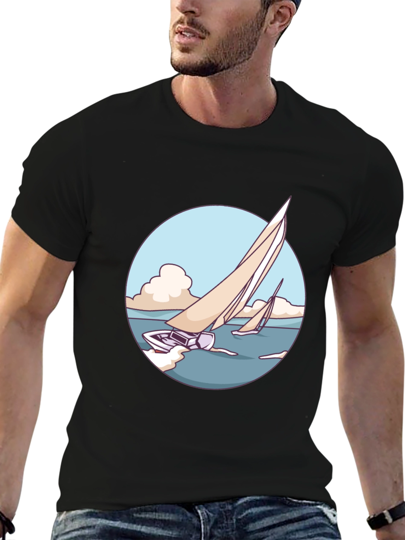 Sailboat Graphic Tee - Black Cotton Blend T-Shirt