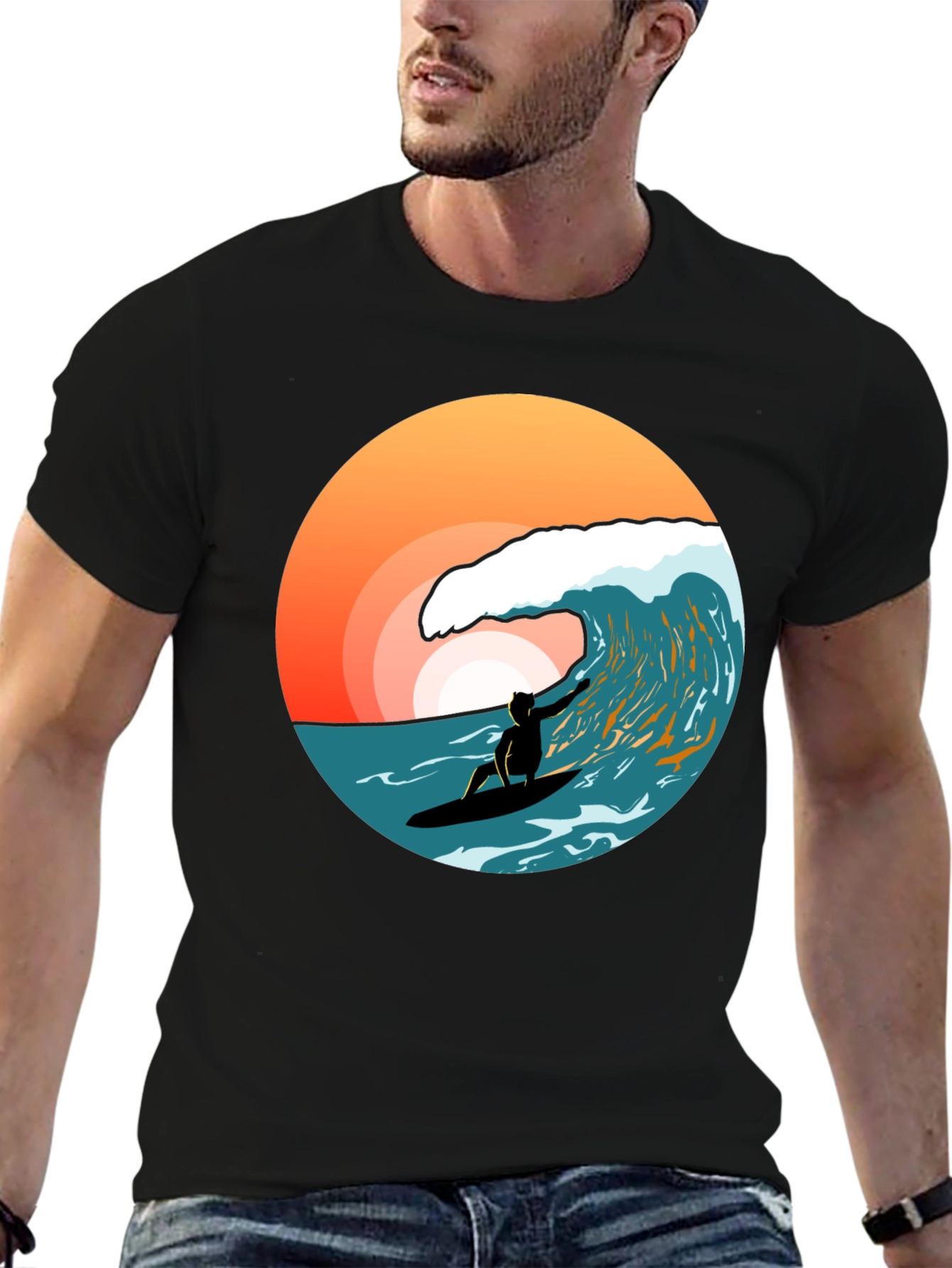 Surfer Wave T-Shirt - Black Cotton Tee