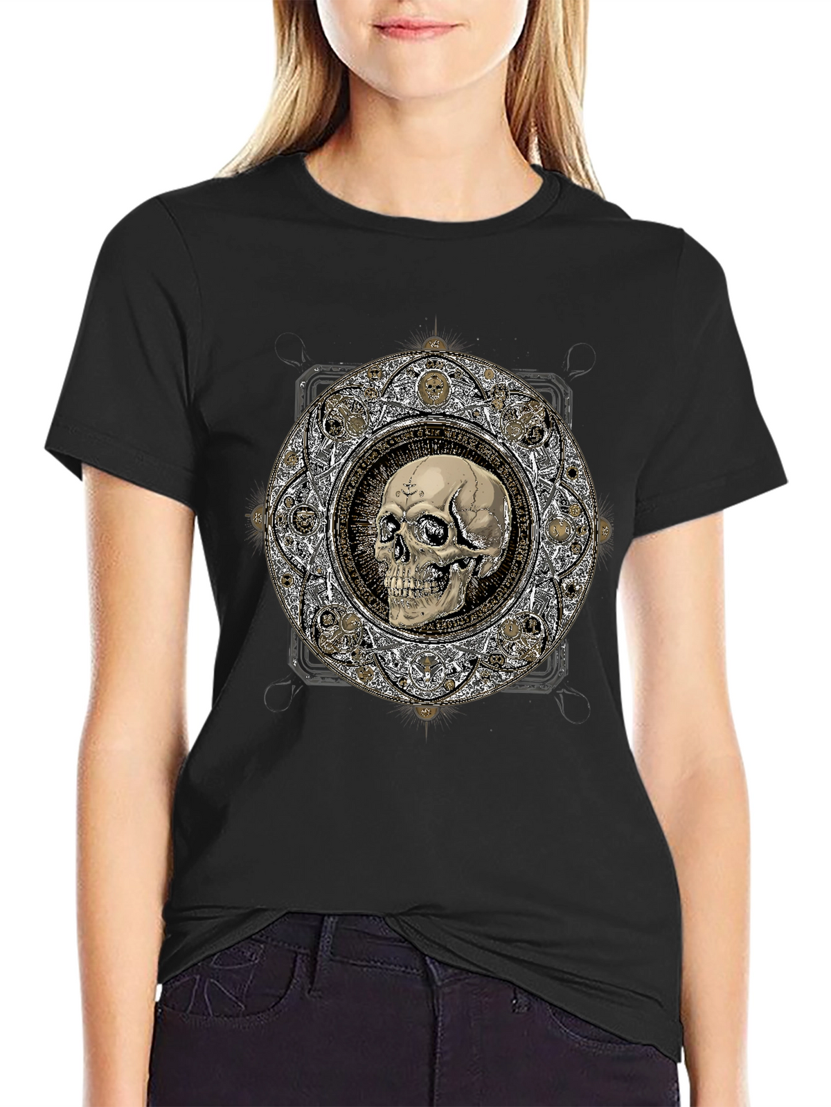 Skull Mandala Graphic Print Black T-Shirt