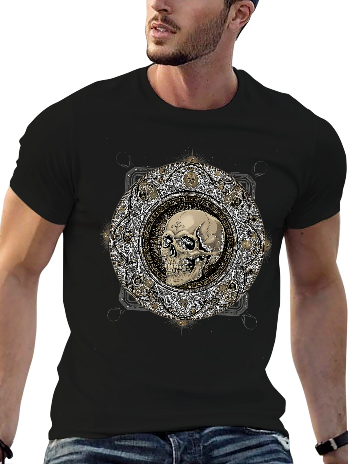 Skull Mandala Graphic Print Black T-Shirt
