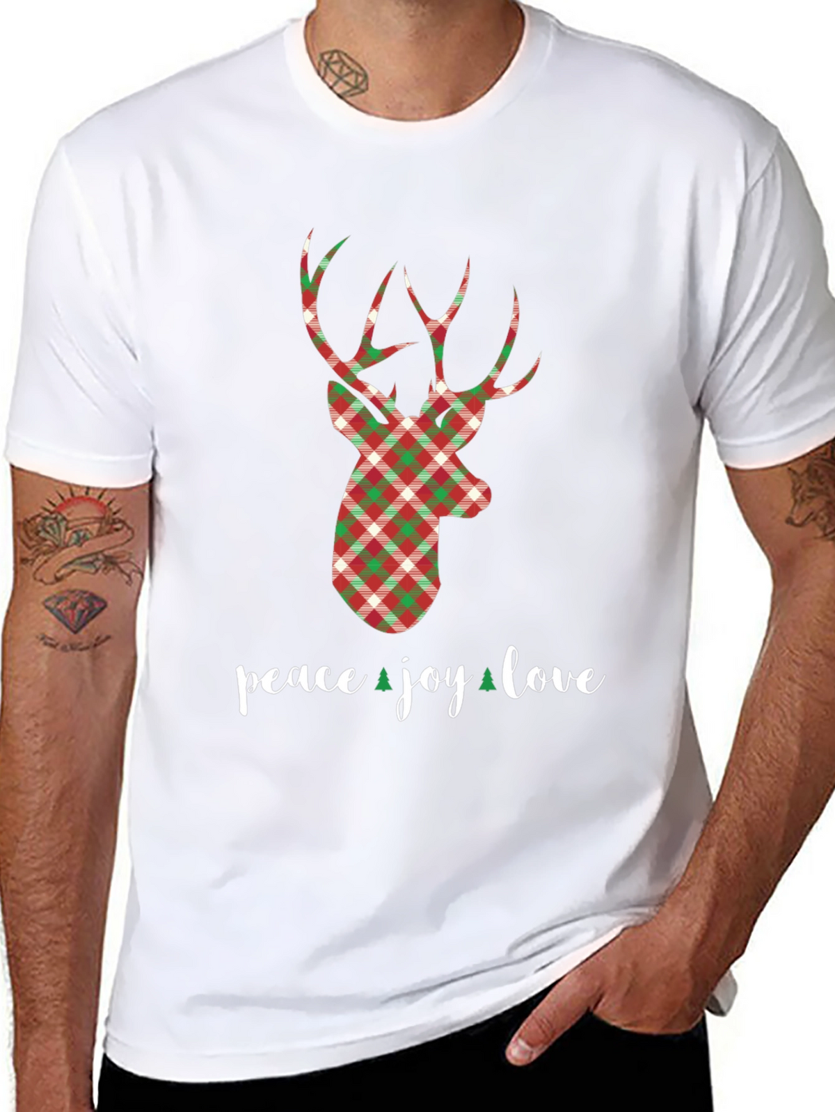 Holiday Plaid Deer T-Shirt - Peace Joy Love