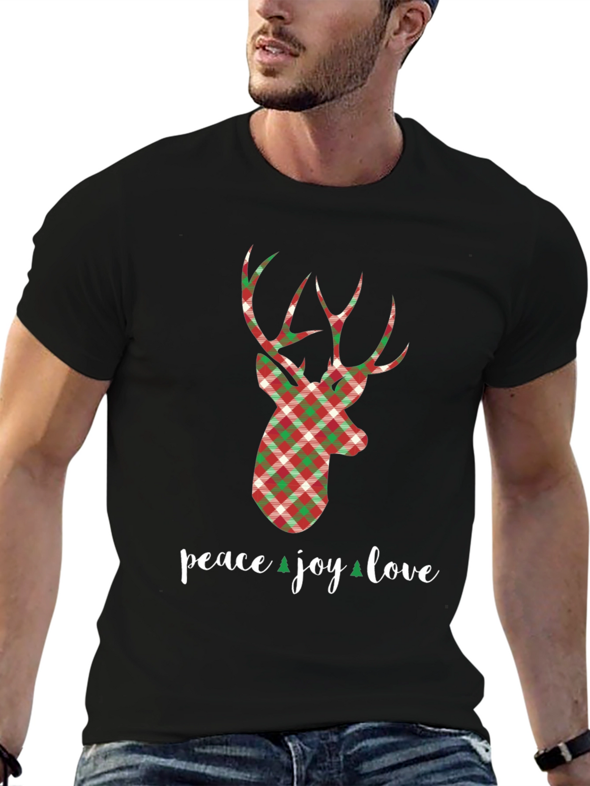Holiday Plaid Deer T-Shirt - Peace Joy Love