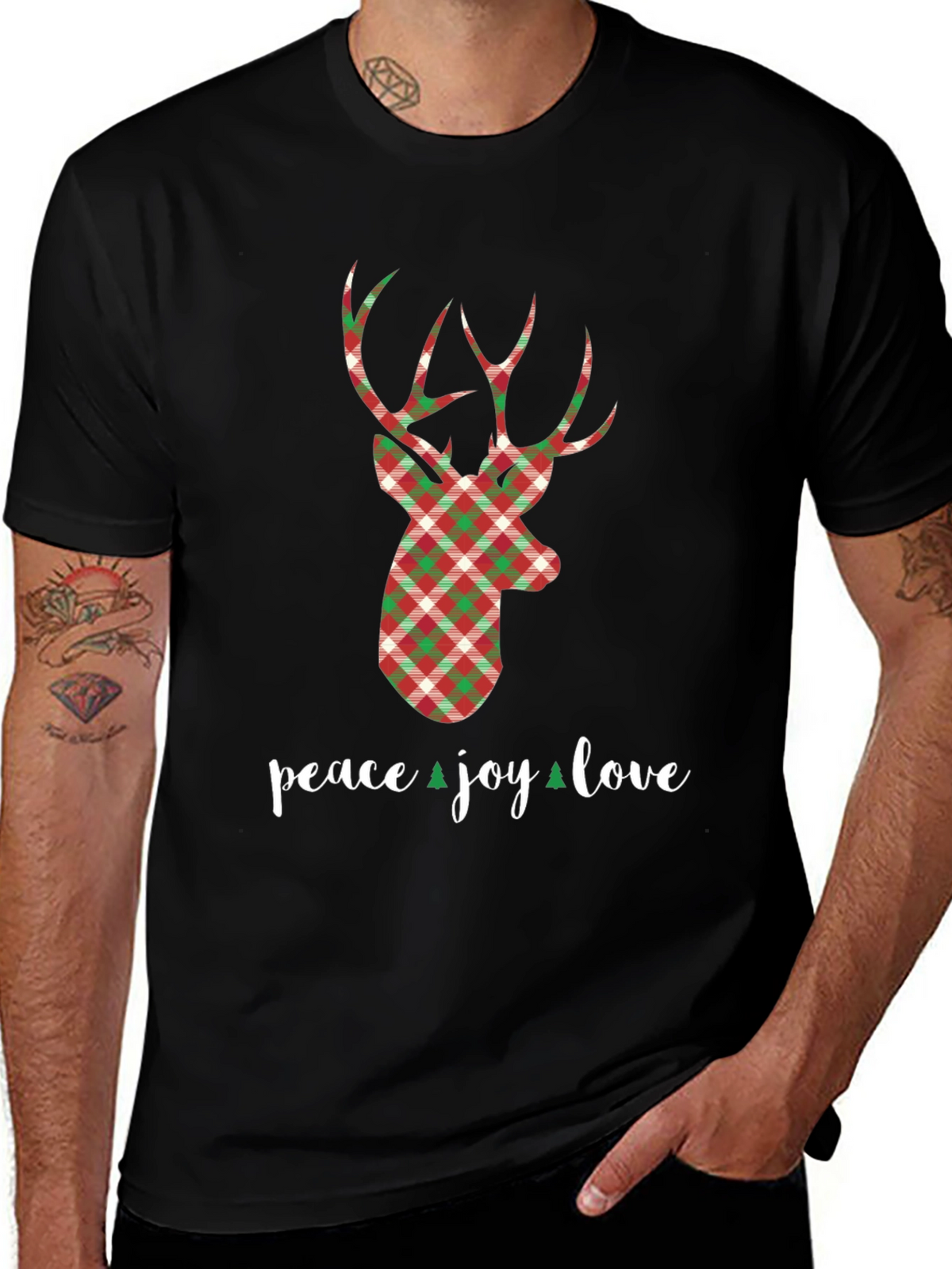 Holiday Plaid Deer T-Shirt - Peace Joy Love