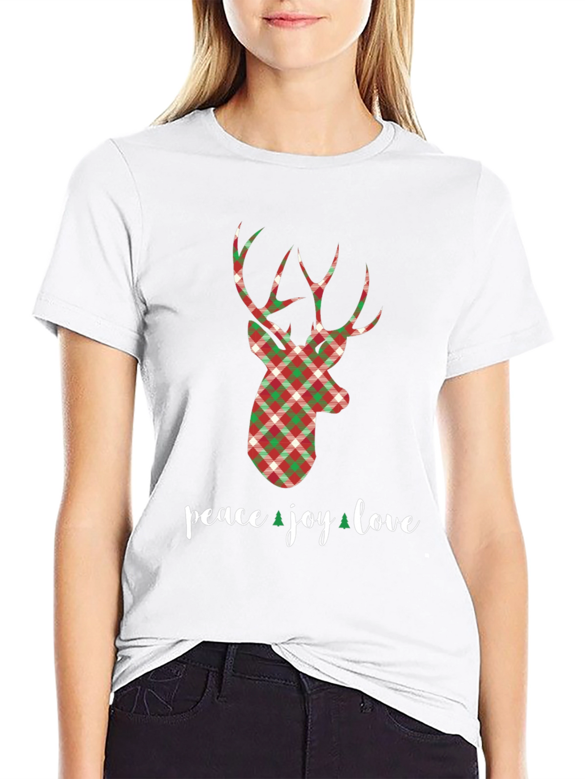 Holiday Plaid Deer T-Shirt - Peace Joy Love
