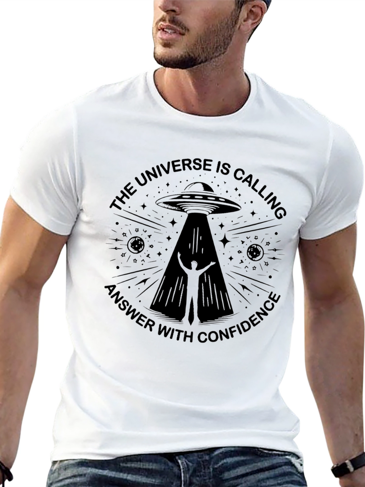Universe Calling Graphic Tee - Black Alien Abduction T-Shirt