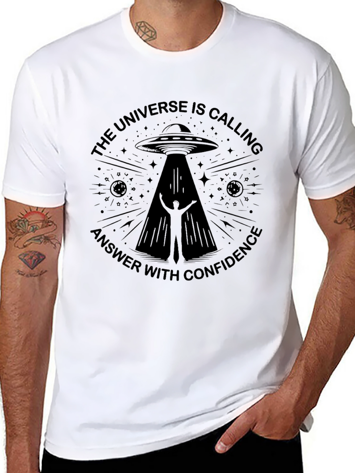 Universe Calling Graphic Tee - Black Alien Abduction T-Shirt