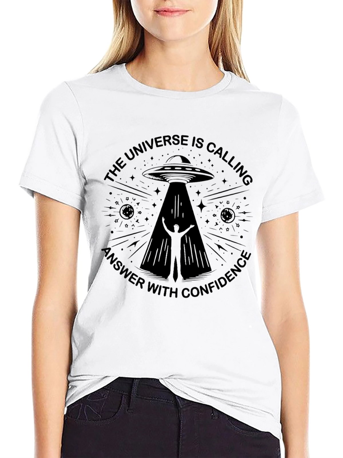 Universe Calling Graphic Tee - Black Alien Abduction T-Shirt