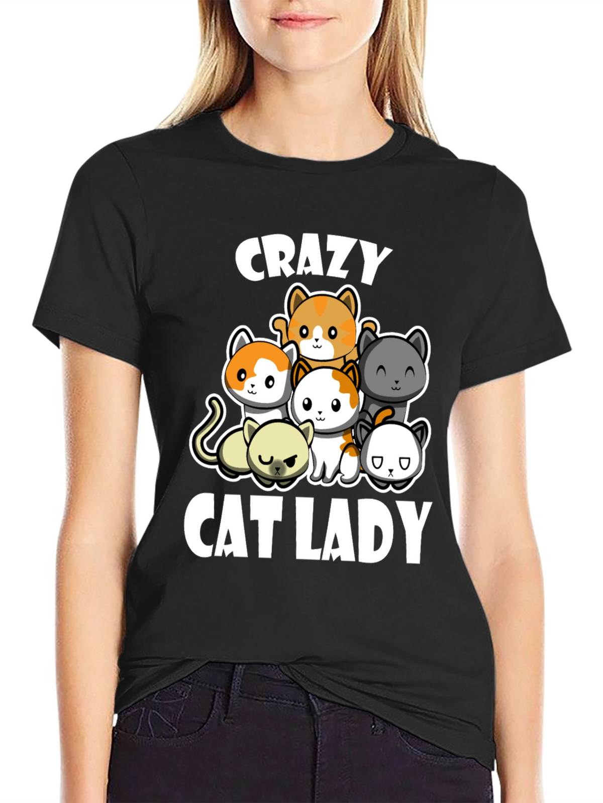 Crazy Cat Lady T-Shirt Cute Cats Black Cotton Tee